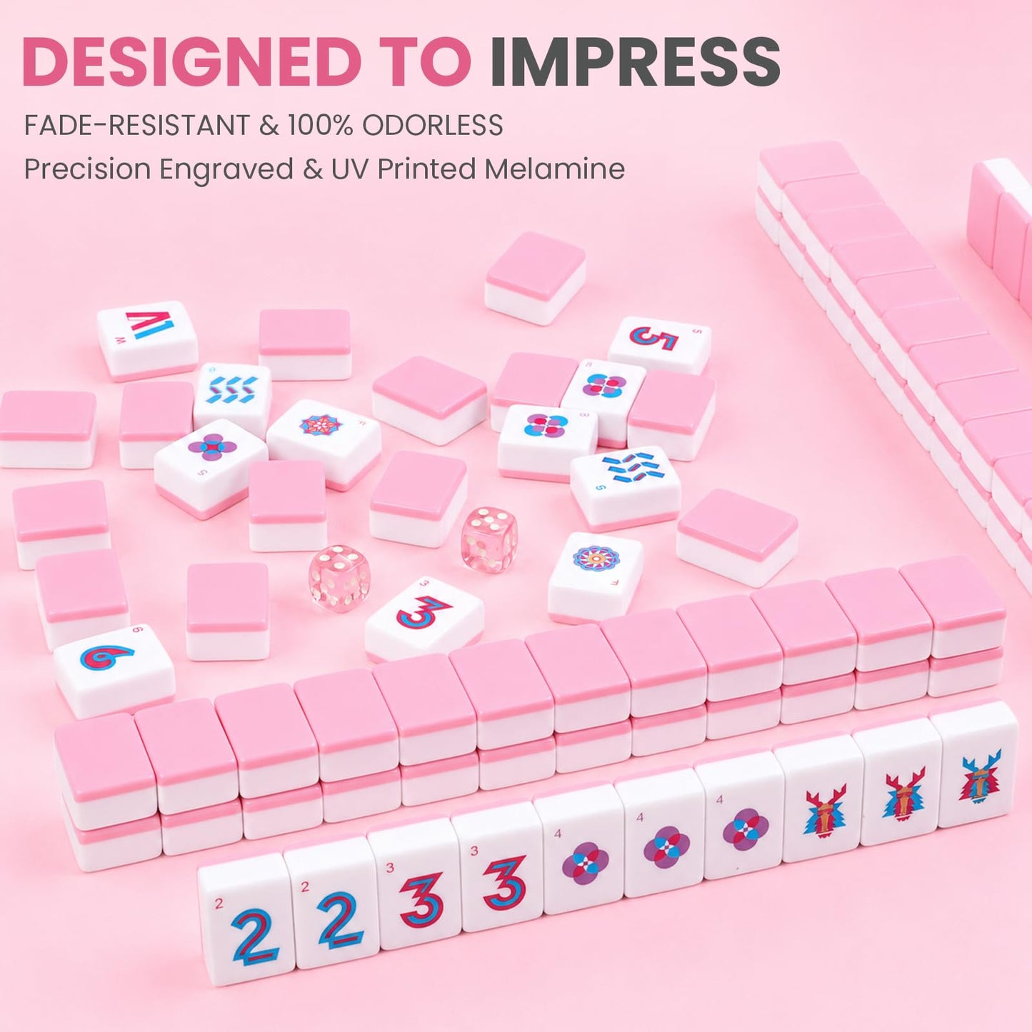 JOQQO American Mahjong Tile Set - 166 Pink Engraved Melamine Tiles 1.2 Inch - Easy Read Numbered Set with Bag, Dice, Chips, Rulebook & Reference Cards