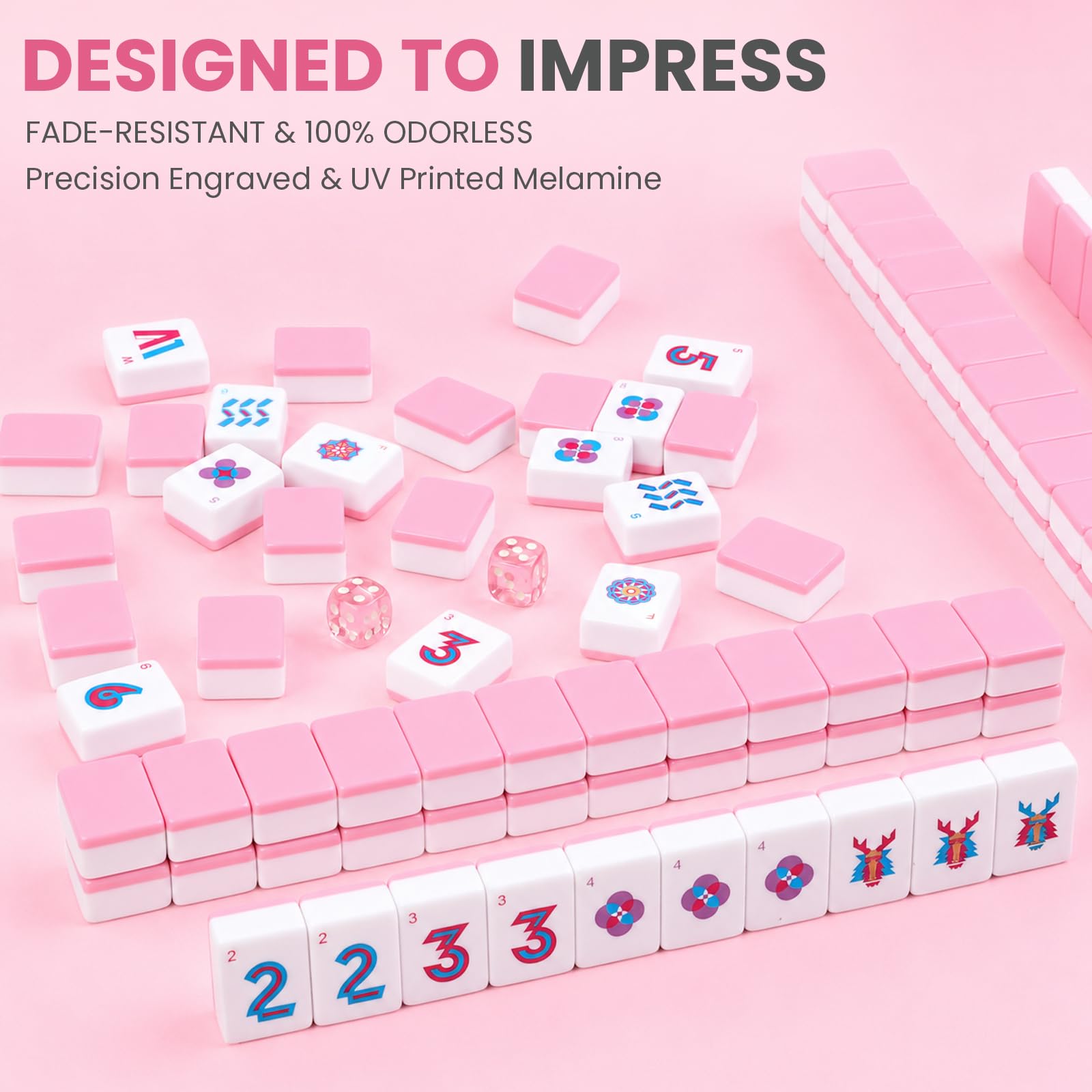 JOQQO American Mahjong Tile Set - 166 Pink Engraved Melamine Tiles 1.2 Inch - Easy Read Numbered Set with Bag, Dice, Chips, Rulebook & Reference Cards