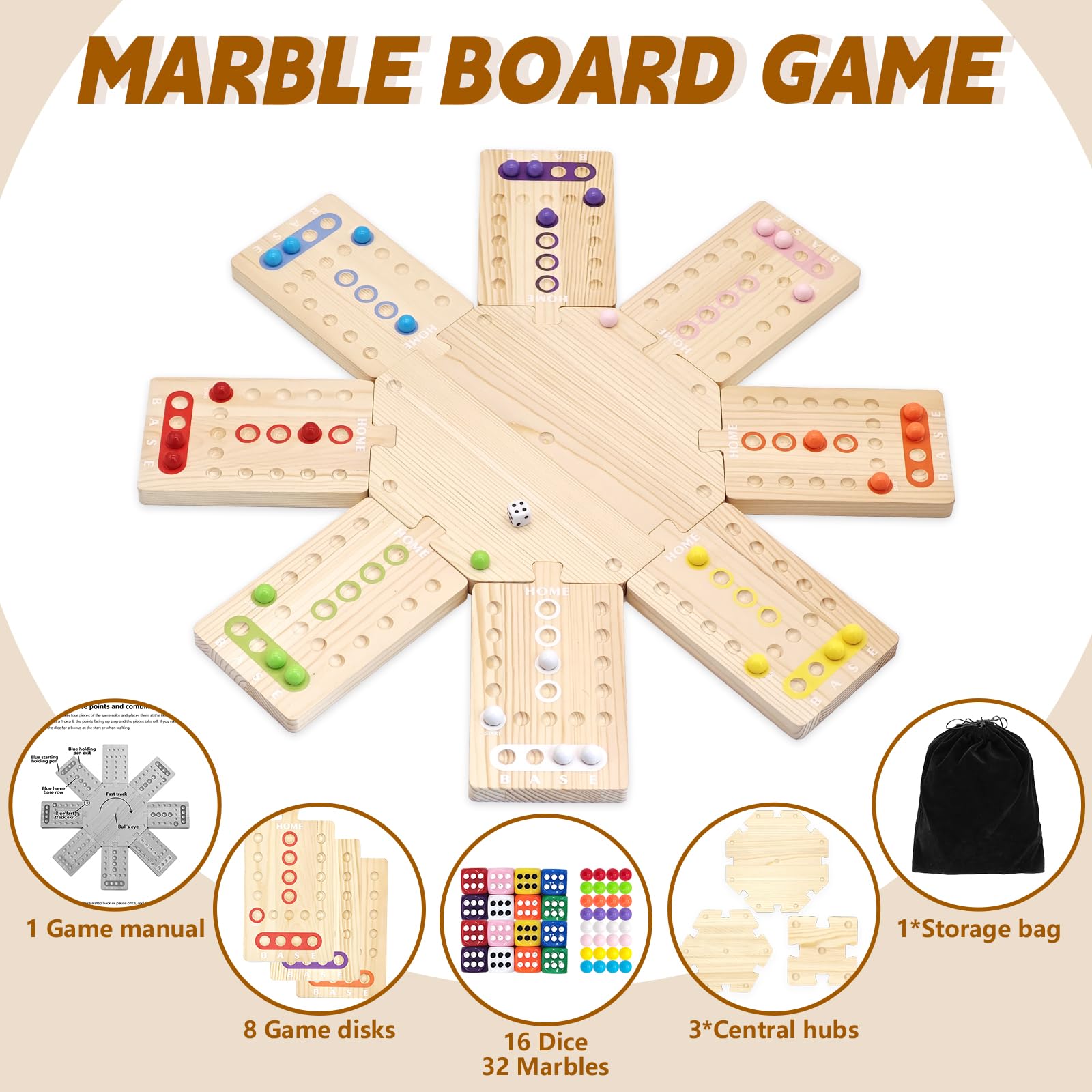 Wooden Board Game, Family Party Game for 2 to 8 Players, Includes 3 Hubs, 32 Marbles and 16 Dice