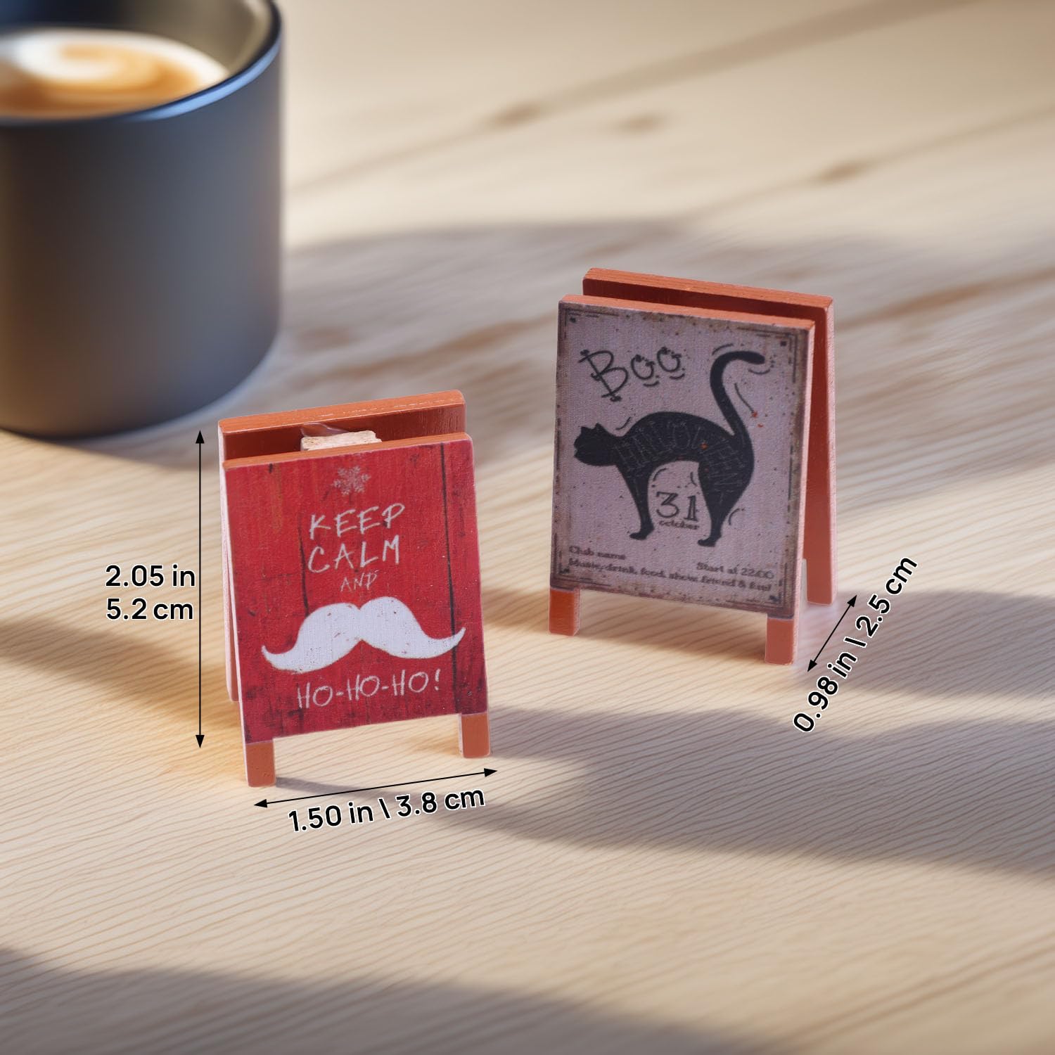 Set of 2 Miniature Holiday A-Frame Signs, Double-Sided Christmas or Halloween Wood Signboards for 1:12 Scale Dollhouse, Festive Decor for Tiered Tray