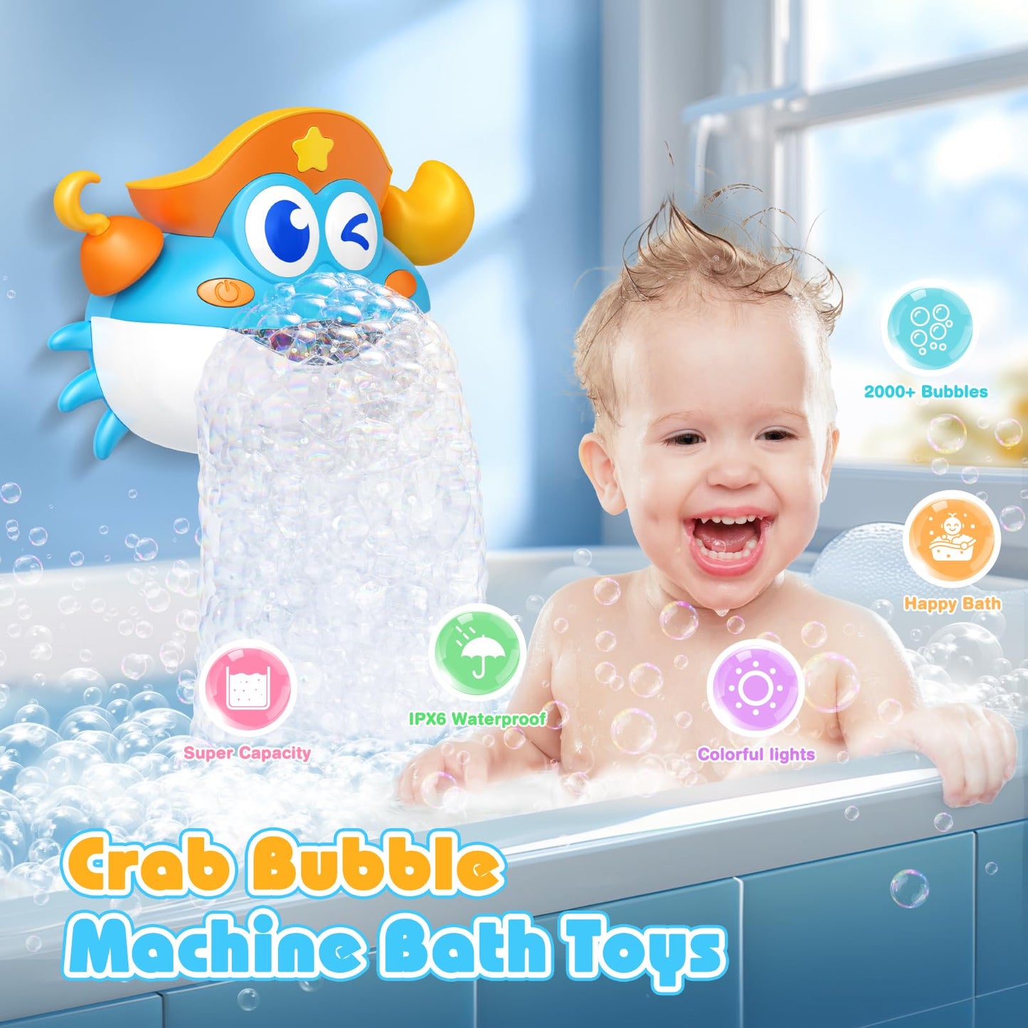Bath Toys, Light Up Crab Bath Bubble Maker Bathroom Toys for Kids Ages 1-3 4-8,Bath Bubble Machine with Colourful Light Toddler Bathub Toy Great