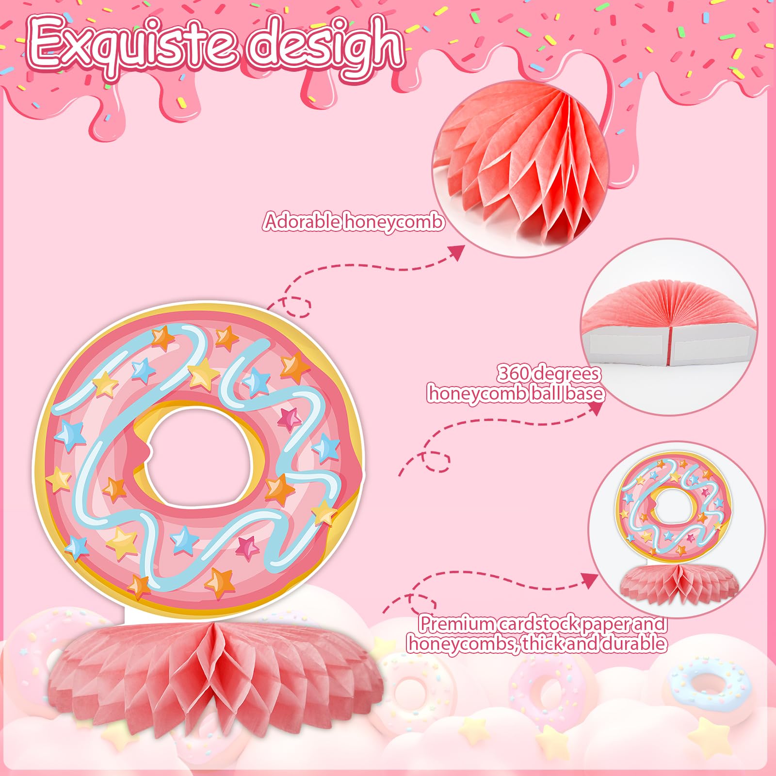 Tarklanda 10pcs Donut 1st Birthday Honeycomb Centerpieces Party Decor for Baby Girl,First ONE Sweet Donut 3D Table Centerpieces Party Happy Birthday