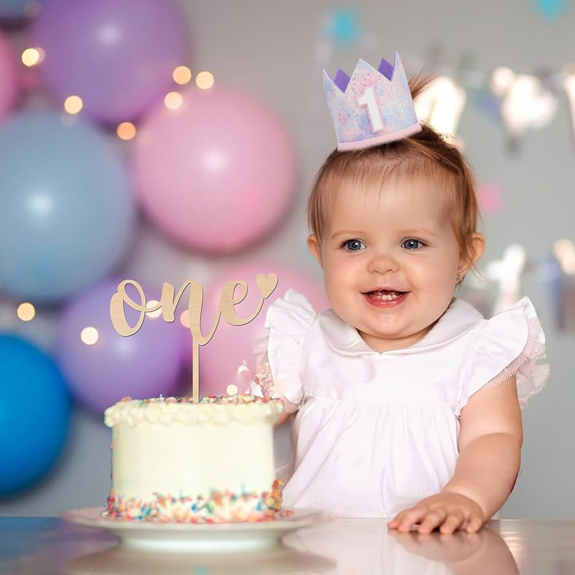 YOUAME Baby Girl First Birthday Decorations - Pastel Rainbow 1st Birthday Crown?Space Theme Cake Smash Party Hat,Pastel Rainbow Glitter Mini Party
