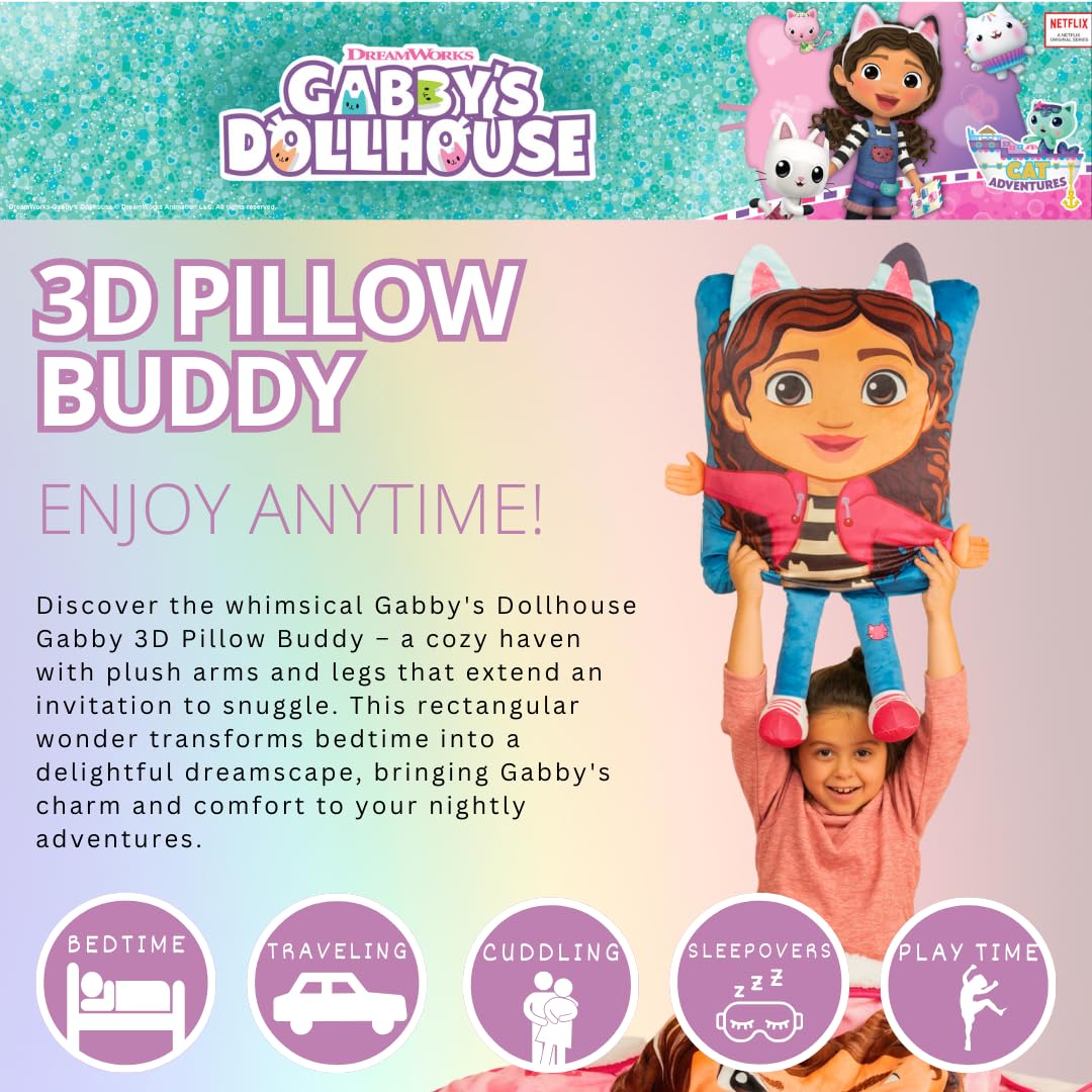 DreamWorks Gabby's Dollhouse Kids Super Plush Cozy 3D Pillow Buddy - 16 in X 20 in (100% Officially Licensed Product) by Franco