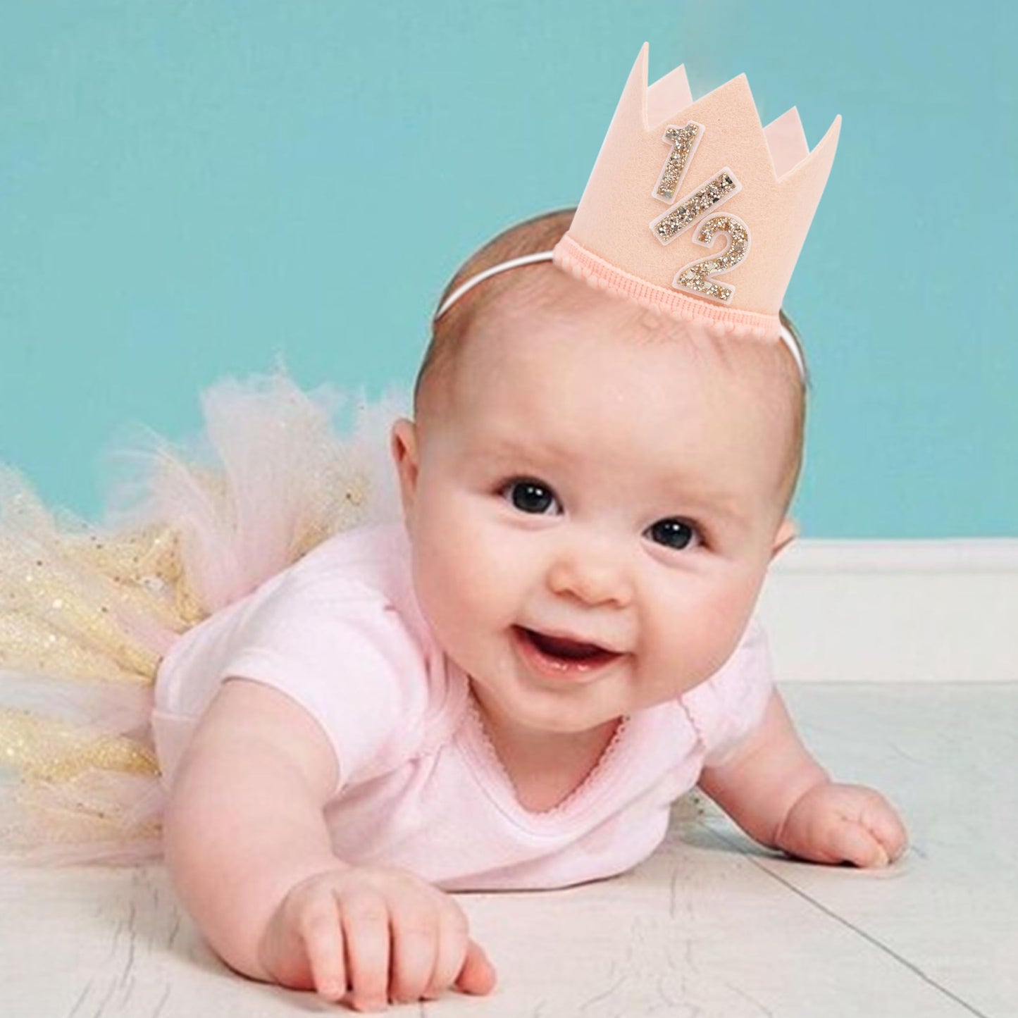 Jissoo Apricot 1/2 Birthday Crown - 6 Months Decorations, Cake Smash Party Crown, Half Birthday Hat Photo Props, Little Cute 1/2 Way To One Decoration
