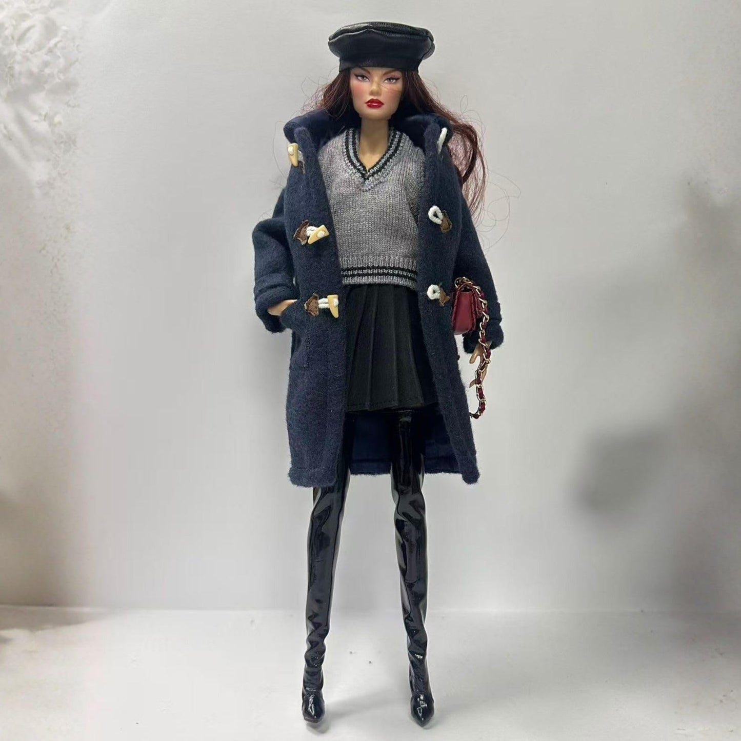 Academic Style Doll Outfit Set for 11.5-12 Inch Fashion Dolls, Navy Wool Blend Toggle Coat Vintage Ensemble