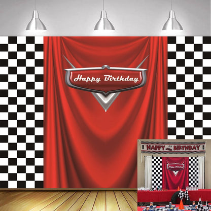 7x5ft Car Black White Grid Red Birthday Themed Backdrops Racing Flag Red Photo Backgrounds for Photography Happy Birthday Party Banner Photo Booth