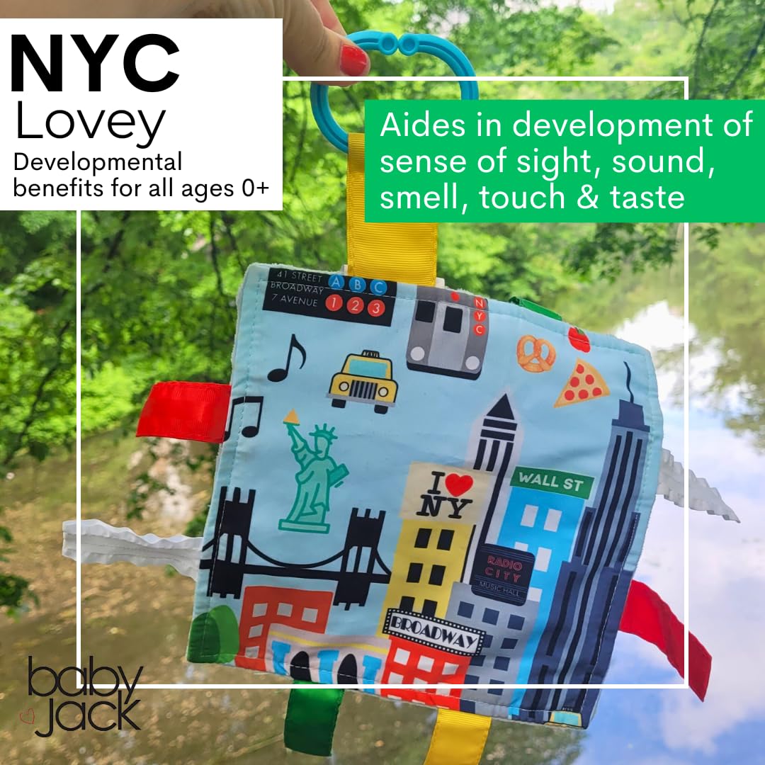Baby Jack & Co 8x8” Learning Lovey NYC New York Tag Toys for Babies - Baby Crinkle Toys - Soft & Safe - Learn USA Cities and Shapes - Ideal Baby Toy