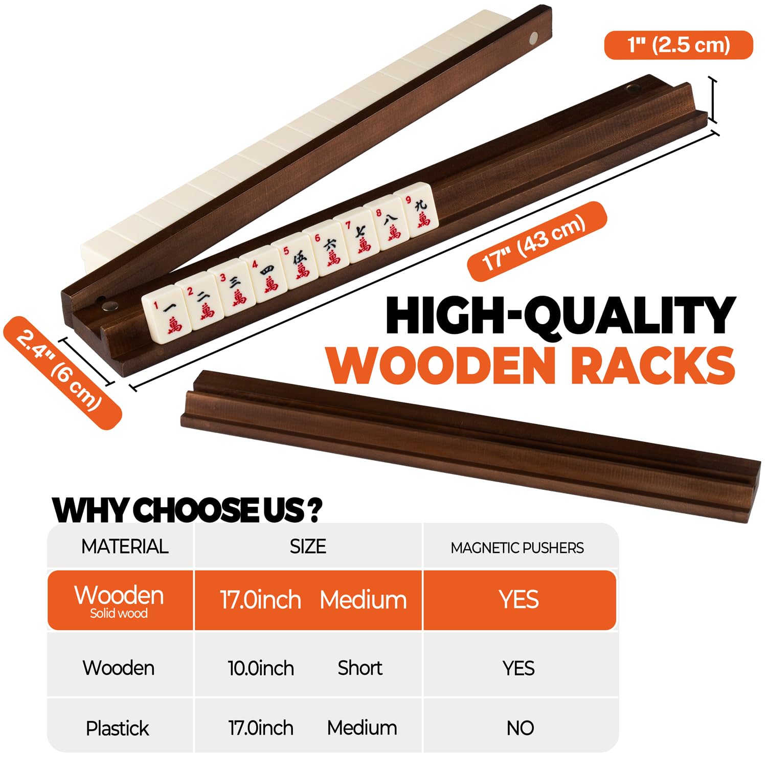MUTEX American Walnut Wood Mahjong Racks with Pushers, 4pcs Mahjong Racks Set for Mahjong/Mexican Train/Dominoes, Elegant Wooden Mahjong Tiles Racks
