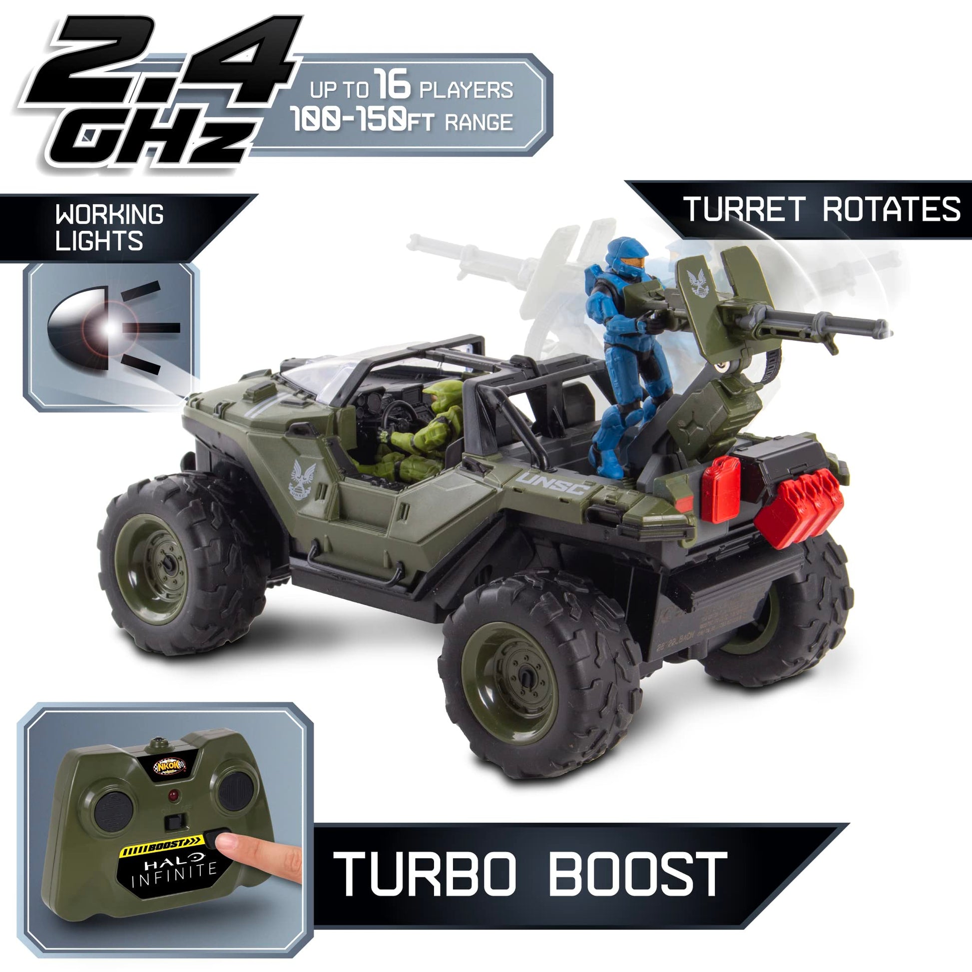 NKOK Halo Infinite RC: Battle Hog UNSC Warthog -W/Master Chief & Spartan, 2.4 GHz Radio Control w/Turbo Boost Vehicle