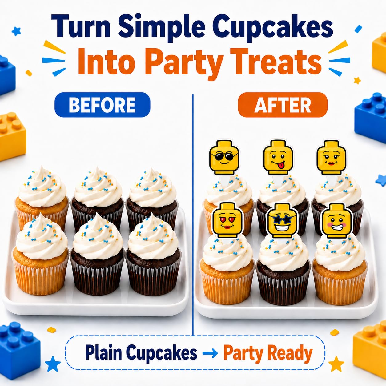 Funny Emoji Cup Cake Toppers for Boys Birthday Building Block Style Birthday Cake Decorations 16PCS