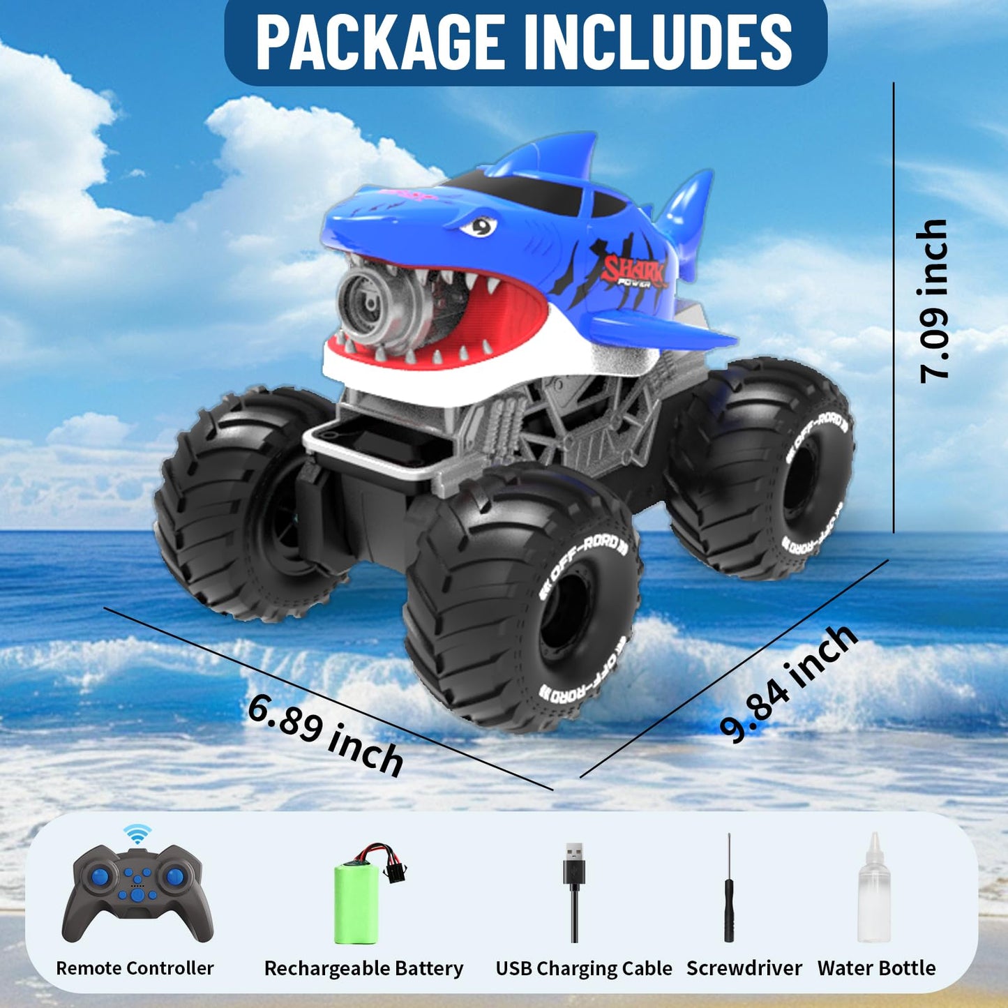 MOMONOVA Amphibious RC Monster Truck Toy with Bubble Maker for Kids 4-7 8-12, 4WD All-Terrain Waterproof Shark Remote Control Car Truck, 360°