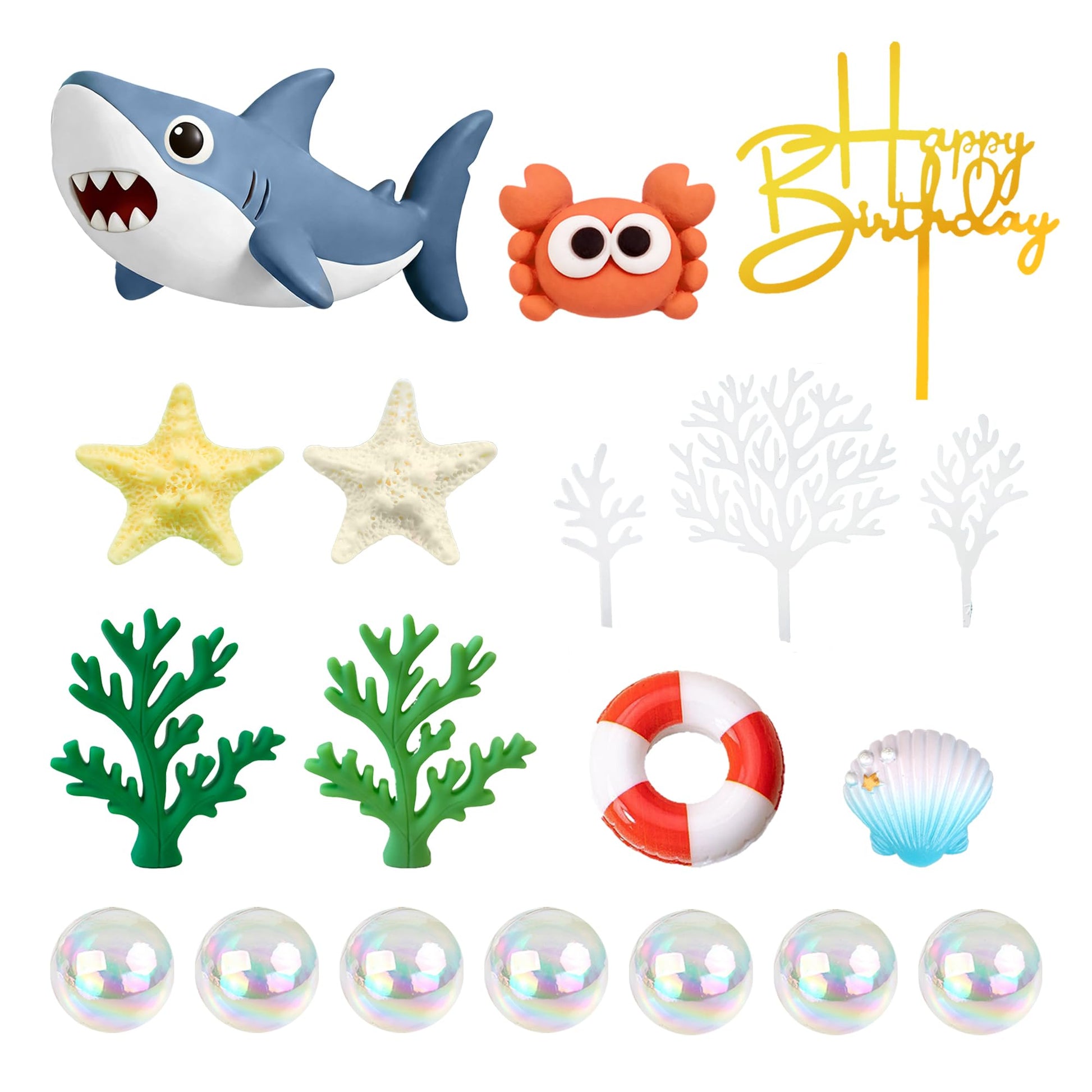 Under the Sea Cake Decorations Shark Cake Topper with Shark Figurines Crab Balls Starfish and Shells for Ocean Theme Birthday Party