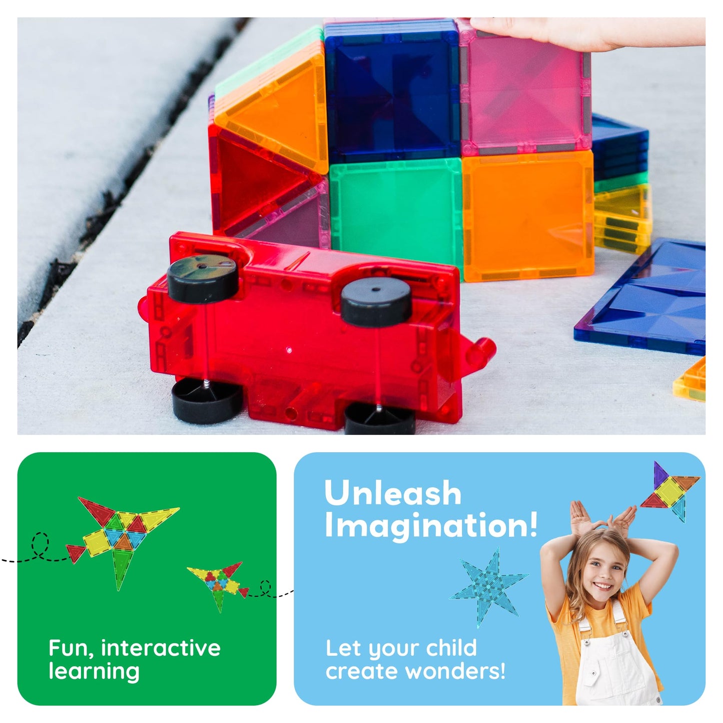 PicassoTiles 2 Piece Car Truck Construction Kit Toy Set Vehicle for Magnetic Blocks Building Tile Sensory Magnet Toys with Re-Enforced Hitch & Long