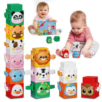 12 PCS Stacking Toys Set for Toddlers 18+ Months 1 2 3 4 Years Old Boys Girls Preschool Pressable Animals Stacking Blocks Sensory Toys with Cute