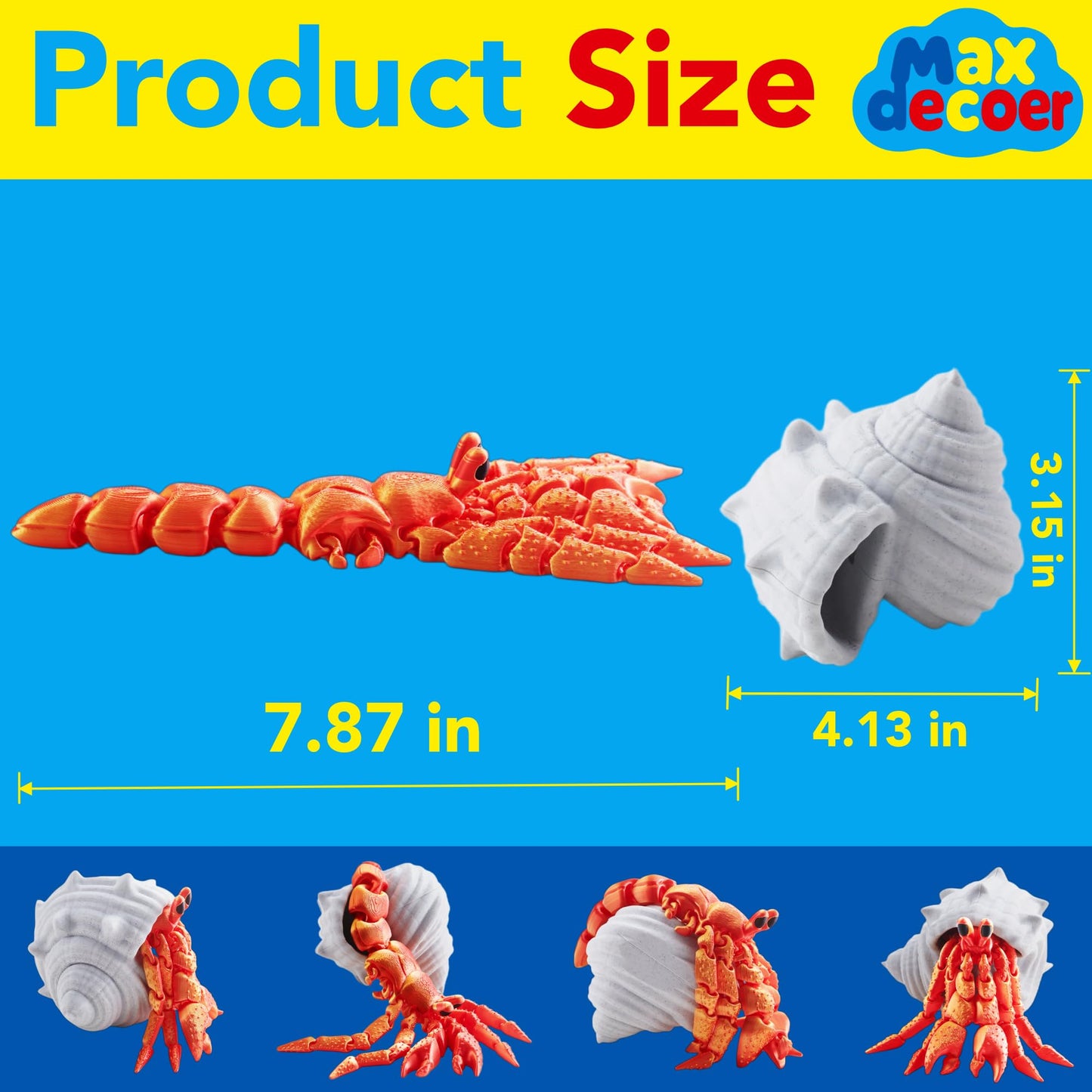 Maxdecoer 3D Printed Articulated Hermit Crab with Removable Shell, 8" Flexible Crab Desk Pet, Movable Sea Animal Figure, Collectible Gift for Ocean