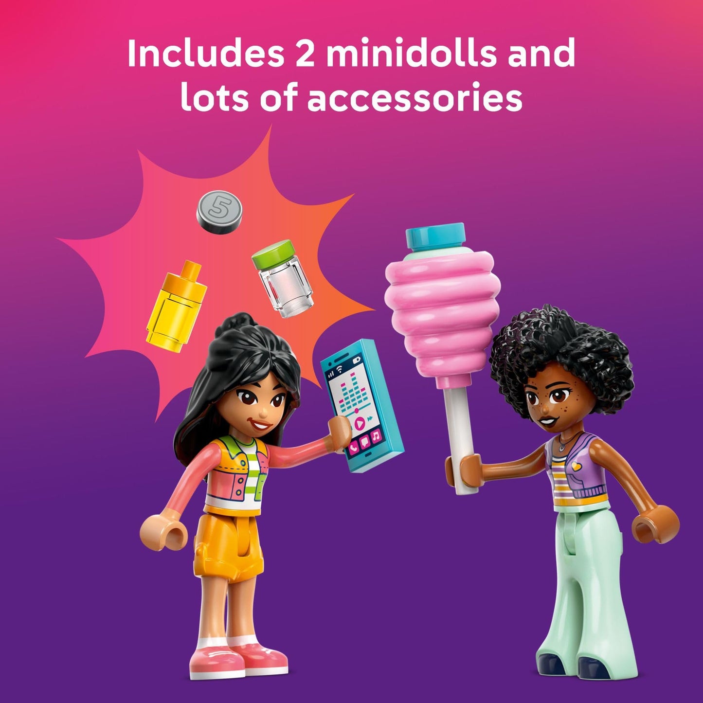 LEGO Friends Cotton Candy Stand and Scooter - Building Toy Pretend Play Set for Kids, Girls and Boys, Ages 6+ - with 2 Minidolls, Wheelable Food Cart