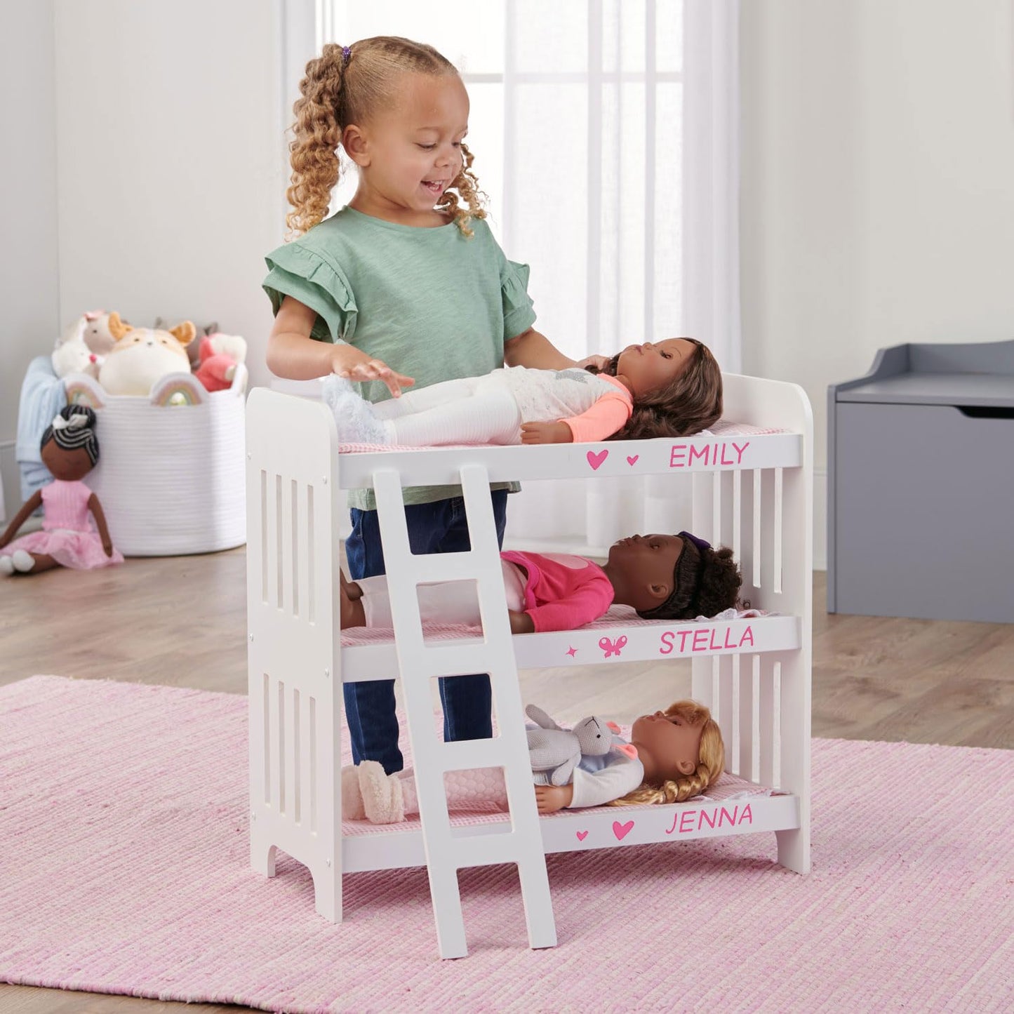 Badger Basket Triple Doll Bunk Bed with Ladder and Bedding for 20-Inch Dolls - Pink Gingham Design with Personalization Kit