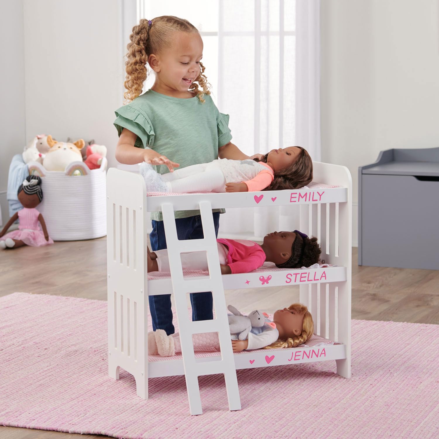 Badger Basket Triple Doll Bunk Bed with Ladder and Bedding for 20-Inch Dolls - Pink Gingham Design with Personalization Kit