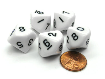 Set of 5 D10 10-Sided 20mm Opaque RPG Dice - White with Black Numbers