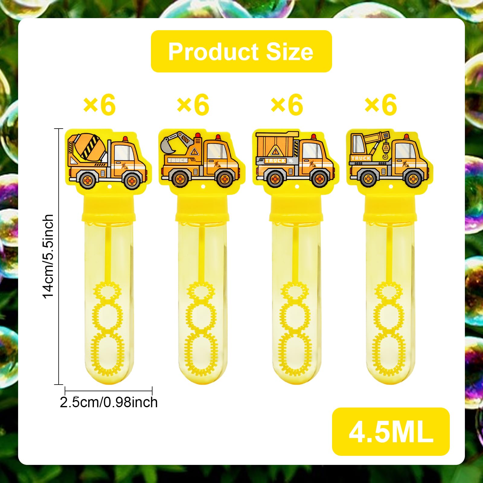 24 Pack Construction Truck Bubble Wands for Kids - Large Cartoon Excavator Bubbles Bulk with Refill Solution Toys for Carnival, Goodie Bag Stuffers