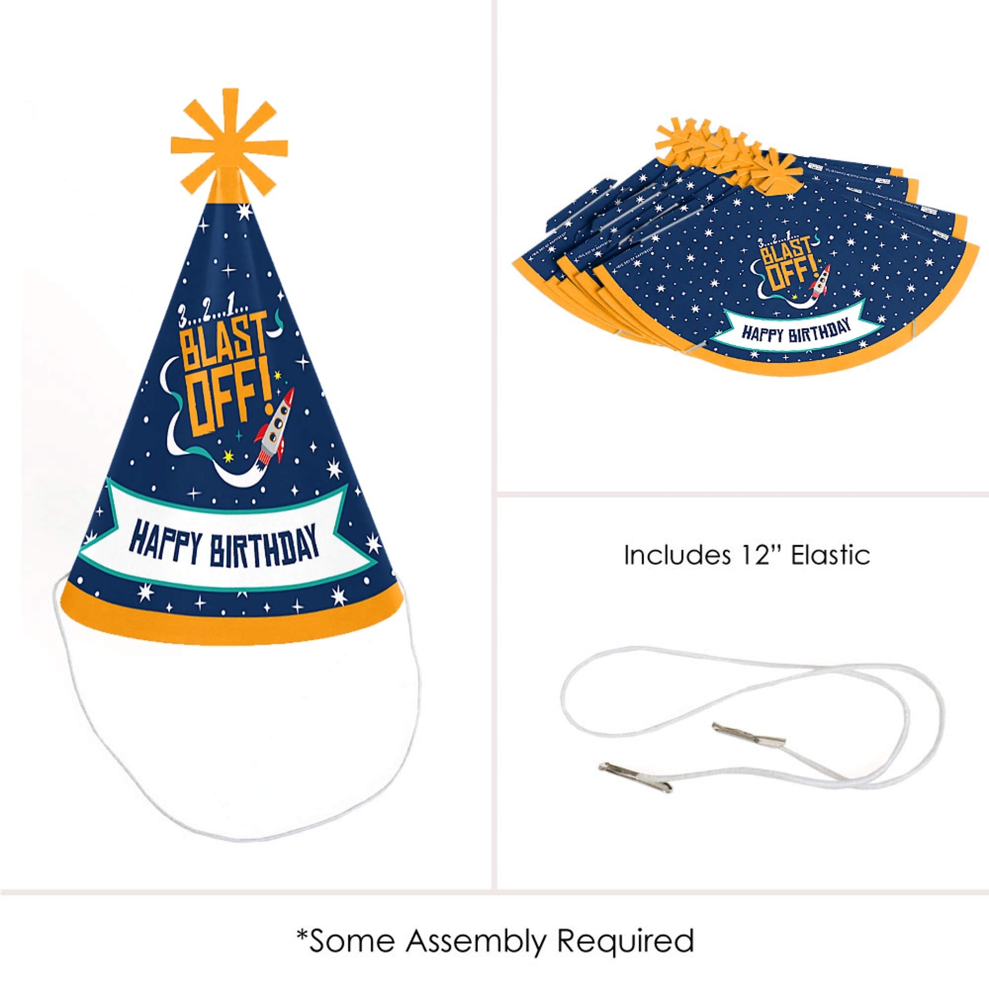 Big Dot of Happiness Blast Off to Outer Space - Cone Happy Birthday Party Hats for Kids and Adults - Set of 8 (Standard Size)