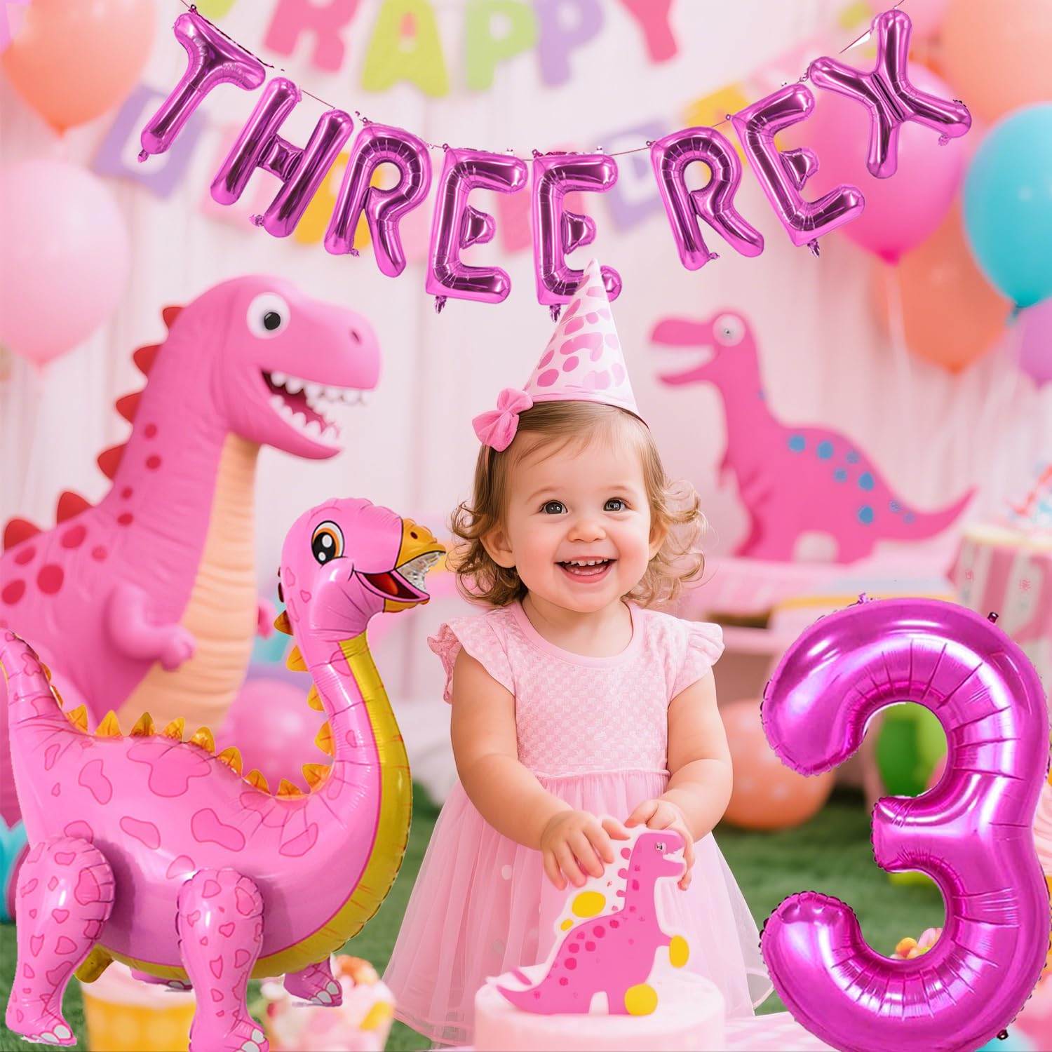Baby Girl Hot Pink Dinosaur Themed Balloons Three Rex Birthday 4D Dino balloon Party Decorations Dinosaur 3rd Birthday Balloons Party Supplies