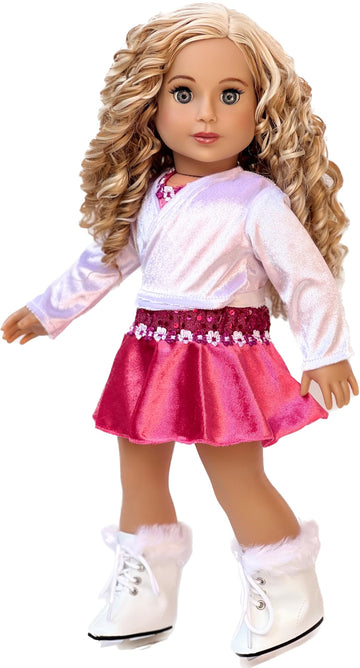 Ice Skating Girl - 4 Piece Ice Skating Outfit for 18 Inch Doll - Pink Leotard with Skirt, White Warmup Sweater and White Ice Skates - 18 Inch Doll