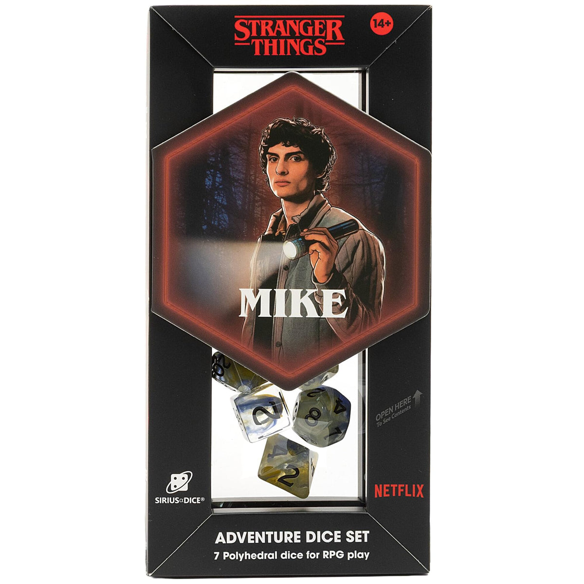 Stranger Things: Adventure Dice - Mike - 7pc RPG Set, Yellow Blue Swirl, Black Icons, Paladin Class, Collectible Roleplaying Game Accessory, Licensed