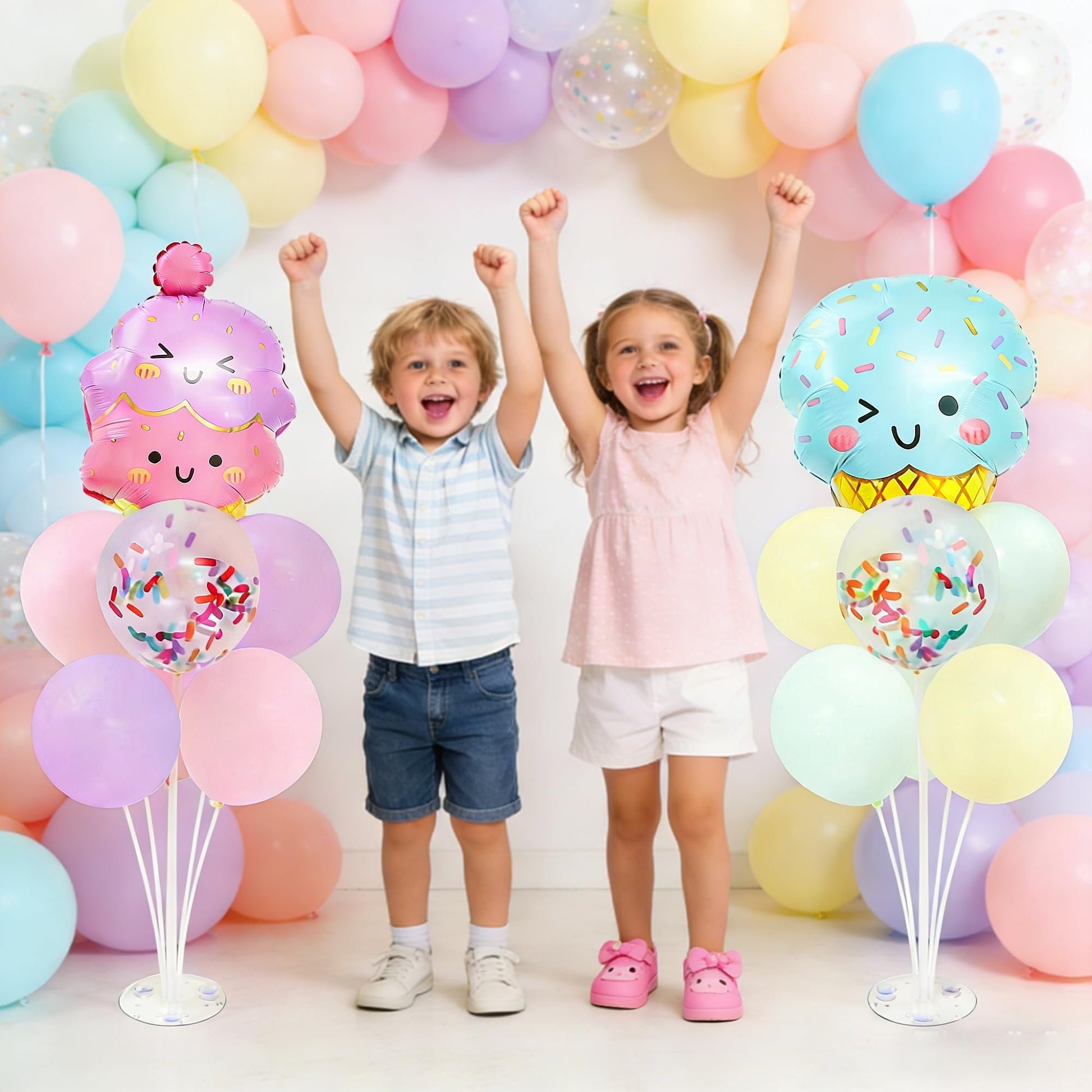 Ice Cream Party Balloons Stand for Table 2 Sets with 2 Ice Cream Foil Balloons 14 Pastel Latex Balloons for Sweet One Birthday Girl Baby Shower Party