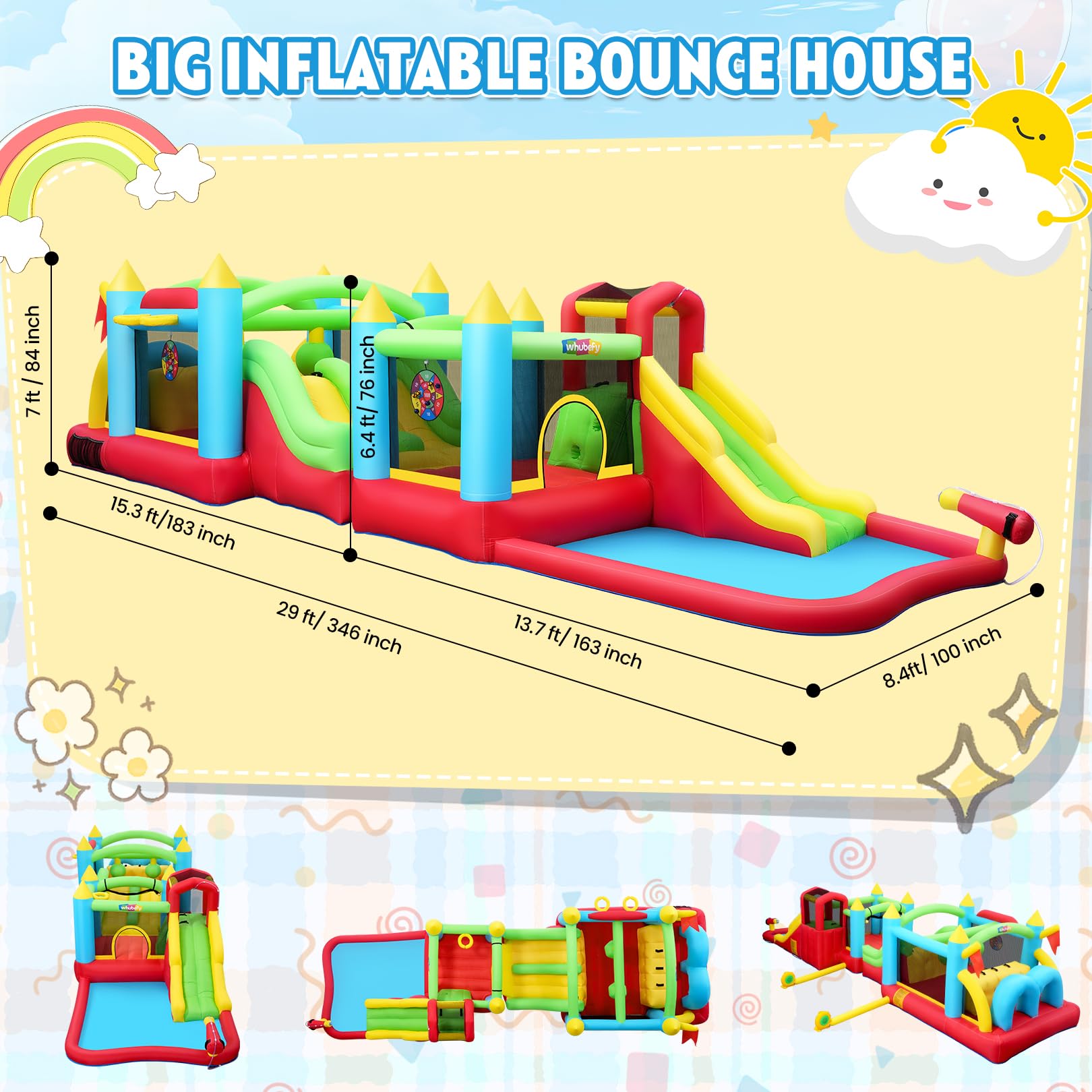 AKEYDIY Inflatable Water Slide Bounce House with 2 x Blowers Obstacle Course for Big Kids 3-12, Giant 29FT Backyard Water Park with Slides, Basketball