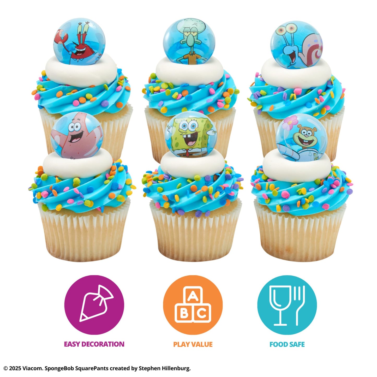 DecoPac SpongeBob SquarePants Rings, SpongeBob Cupcake Toppers Featuring SpongeBob, Patrick, Gary, Mr. Krabs, Sandy Cheeks, And Squidward - 24 Pack