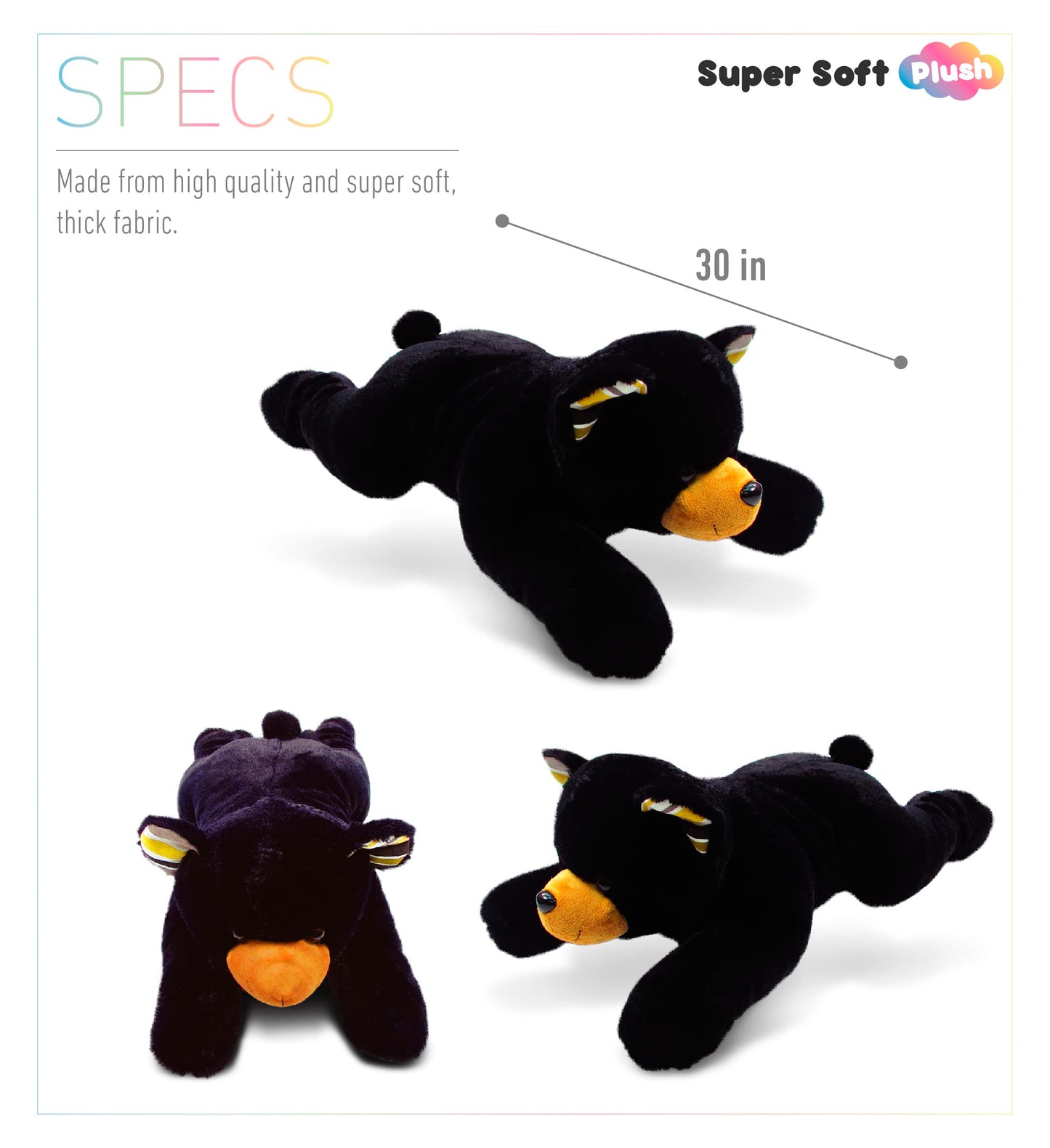 DolliBu Plush Black Bear Stuffed Animal Pillow Size - Super Soft Animal for Kids, Cozy Nap Buddy, Floor Pillow for Kids & Toddlers - 30 Inches