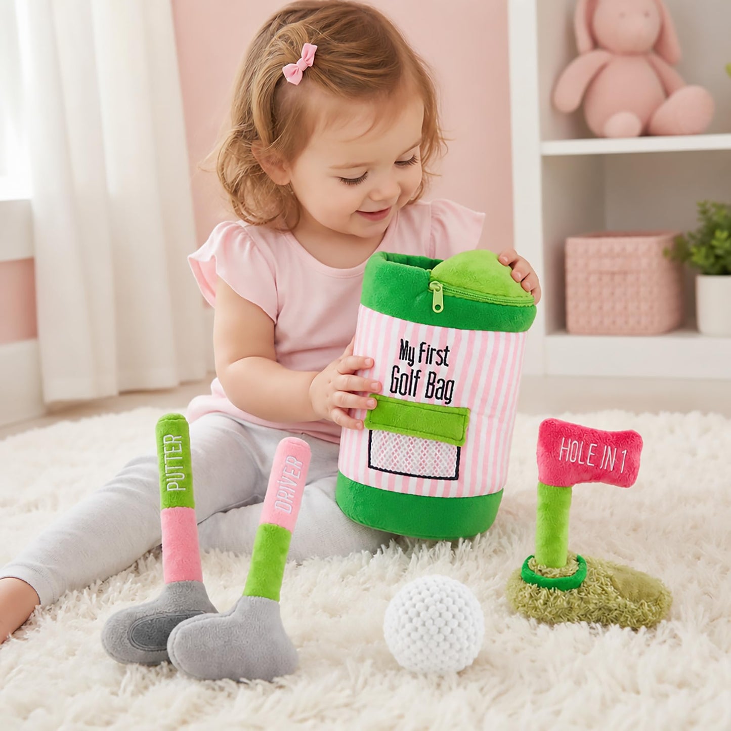 Mud Pie Pink Golf Plush Play Set, Baby Golf Bag Toy