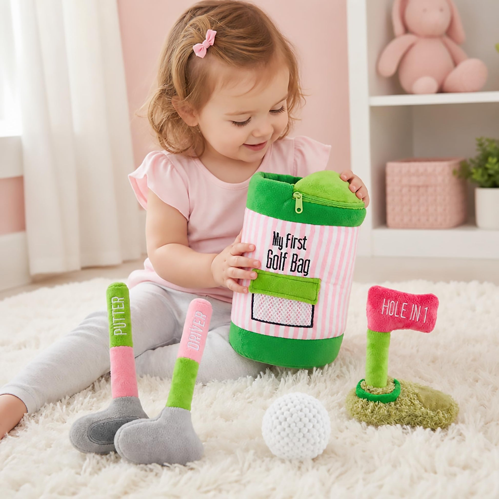 Mud Pie Pink Golf Plush Play Set, Baby Golf Bag Toy