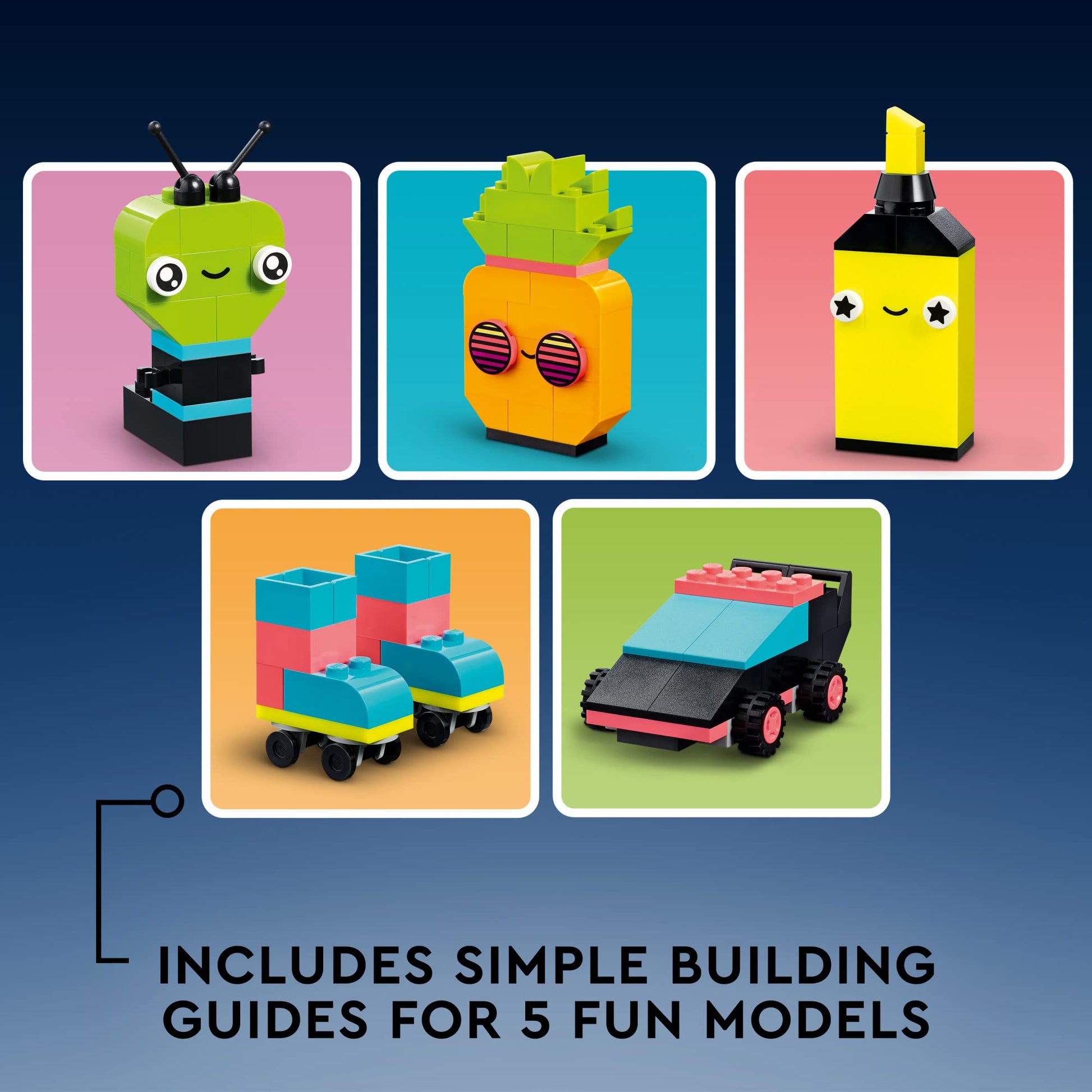 LEGO Classic Creative Neon Colors Fun Brick Box Set 11027, Building Toy to Create a Car, Pineapple, Alien, Roller Skates, and More, Hands-on Learning