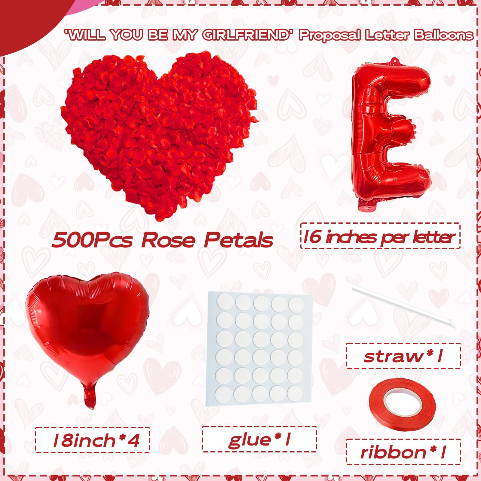 16 Inches Red 'WILL YOU BE MY GIRLFRIEND' Proposal Letter Balloons with Heart-Shaped Foil Balloons and Rose Petals for Romantic Special Night