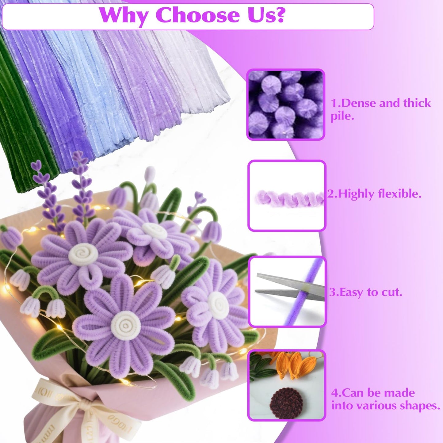 500 Pcs Pipe Cleaners Flower Making Kit with LED Light - Chenille Stems Set w/Floral Wire, Floral Stamens, Craft Wire, Tape & Ribbon for Light Up