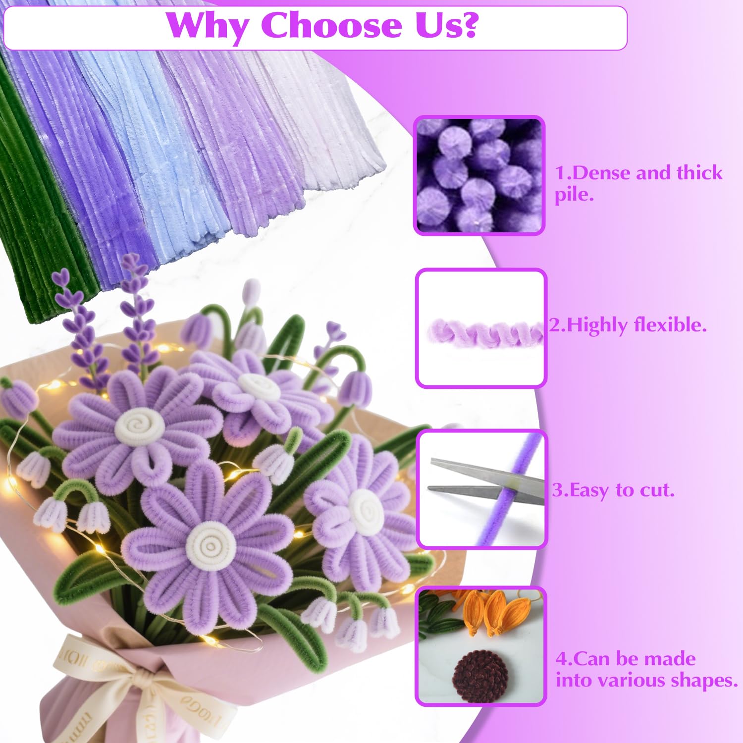 500 Pcs Pipe Cleaners Flower Making Kit with LED Light - Chenille Stems Set w/Floral Wire, Floral Stamens, Craft Wire, Tape & Ribbon for Light Up