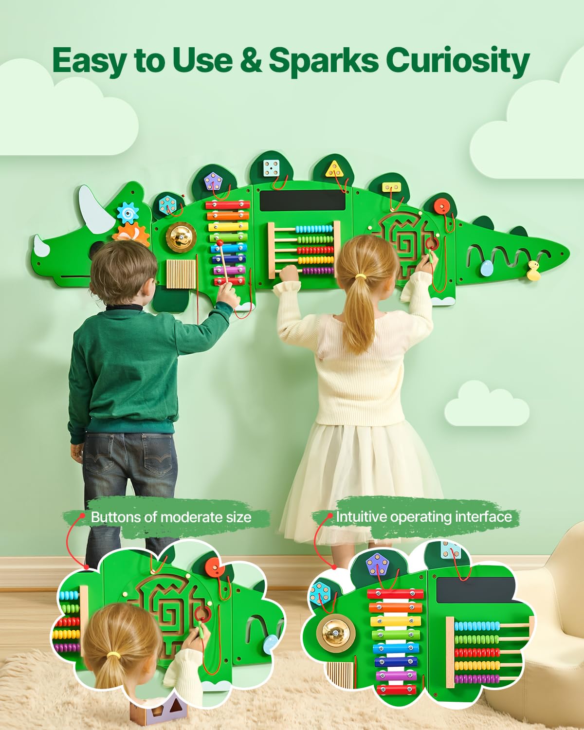 VEVOR Dinosaur Activity Busy Board Wall, 11 Activities Board, Montessori Sensory Wall Panel for Kids 3-12 Years, Sensory Activity Panel, Ideal