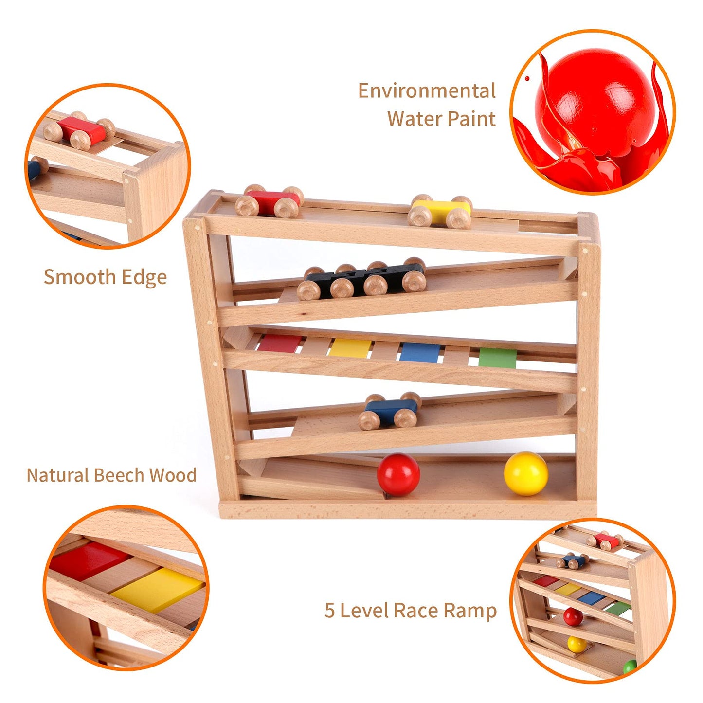 Qilay Wooden Race Track Car Ramp Racer Toy for Toddlers, 5 Level Race Car Ramp Toy Set Includes 4 Wood Cars and 3 Balls,Great Building Learning Toys