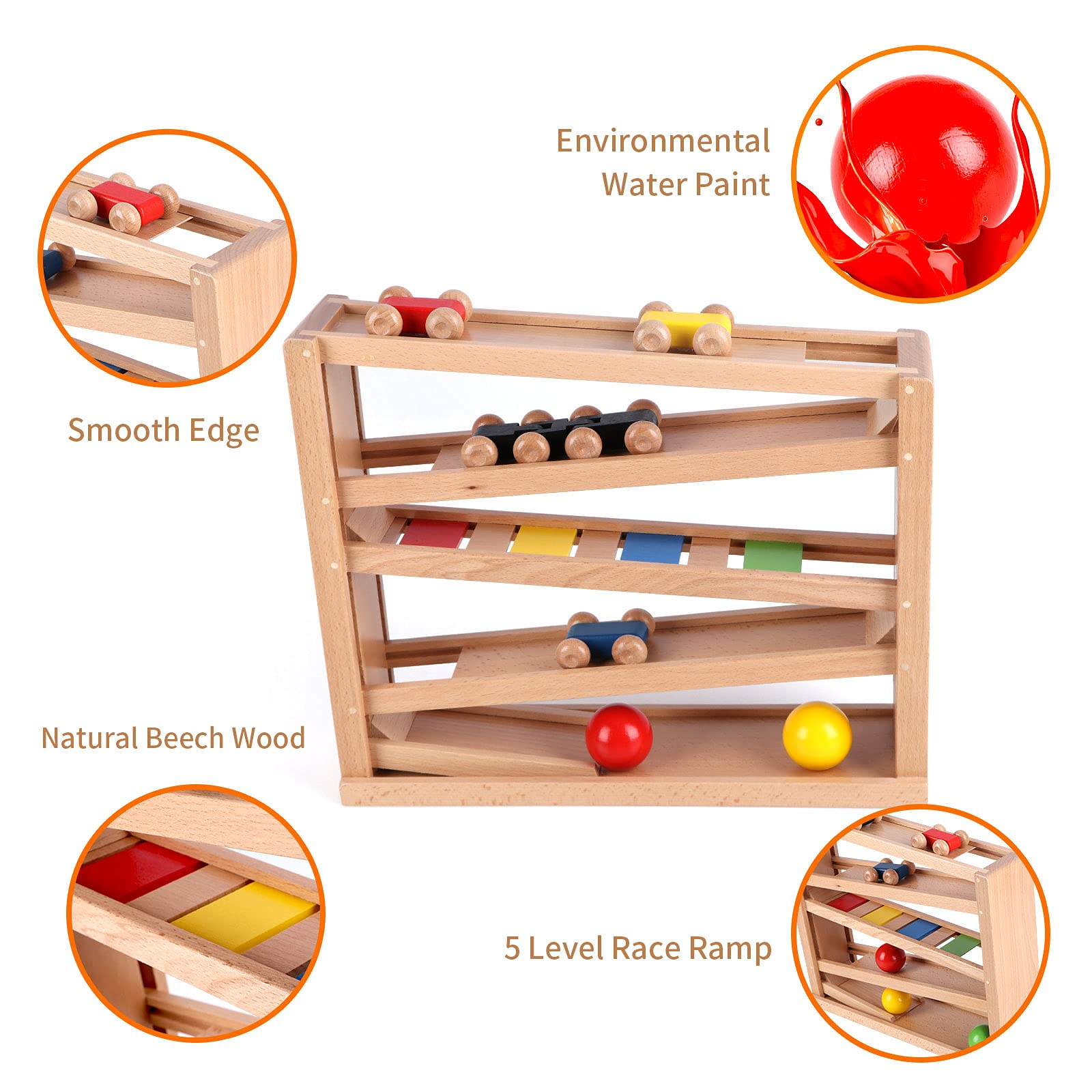 Qilay Wooden Race Track Car Ramp Racer Toy for Toddlers, 5 Level Race Car Ramp Toy Set Includes 4 Wood Cars and 3 Balls,Great Building Learning Toys