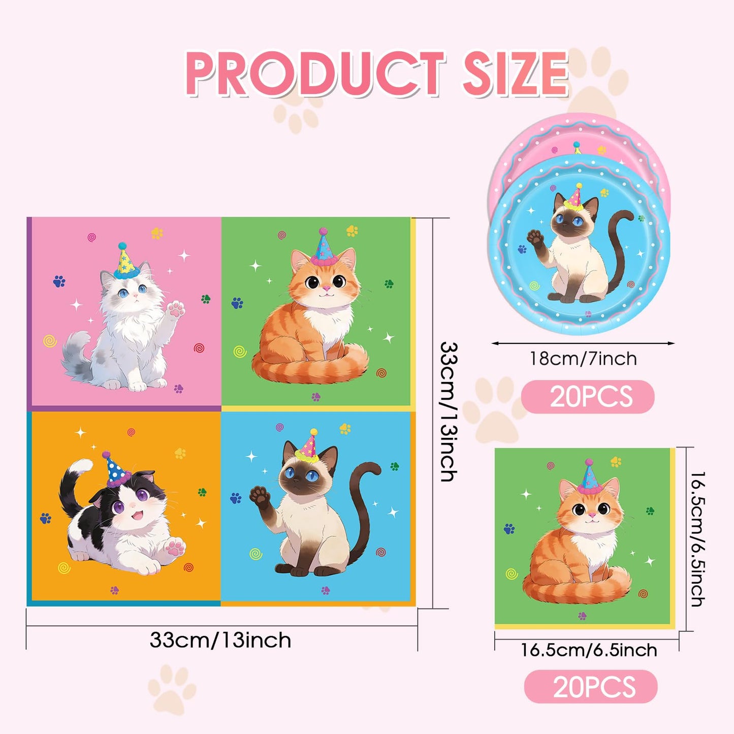 Funnio lucu 40Pcs Cat Birthday Decorations Tableware Set,Cute Kitten Theme Party Supplies Birthday Plates and Napkins Disposable Table Decor for Baby