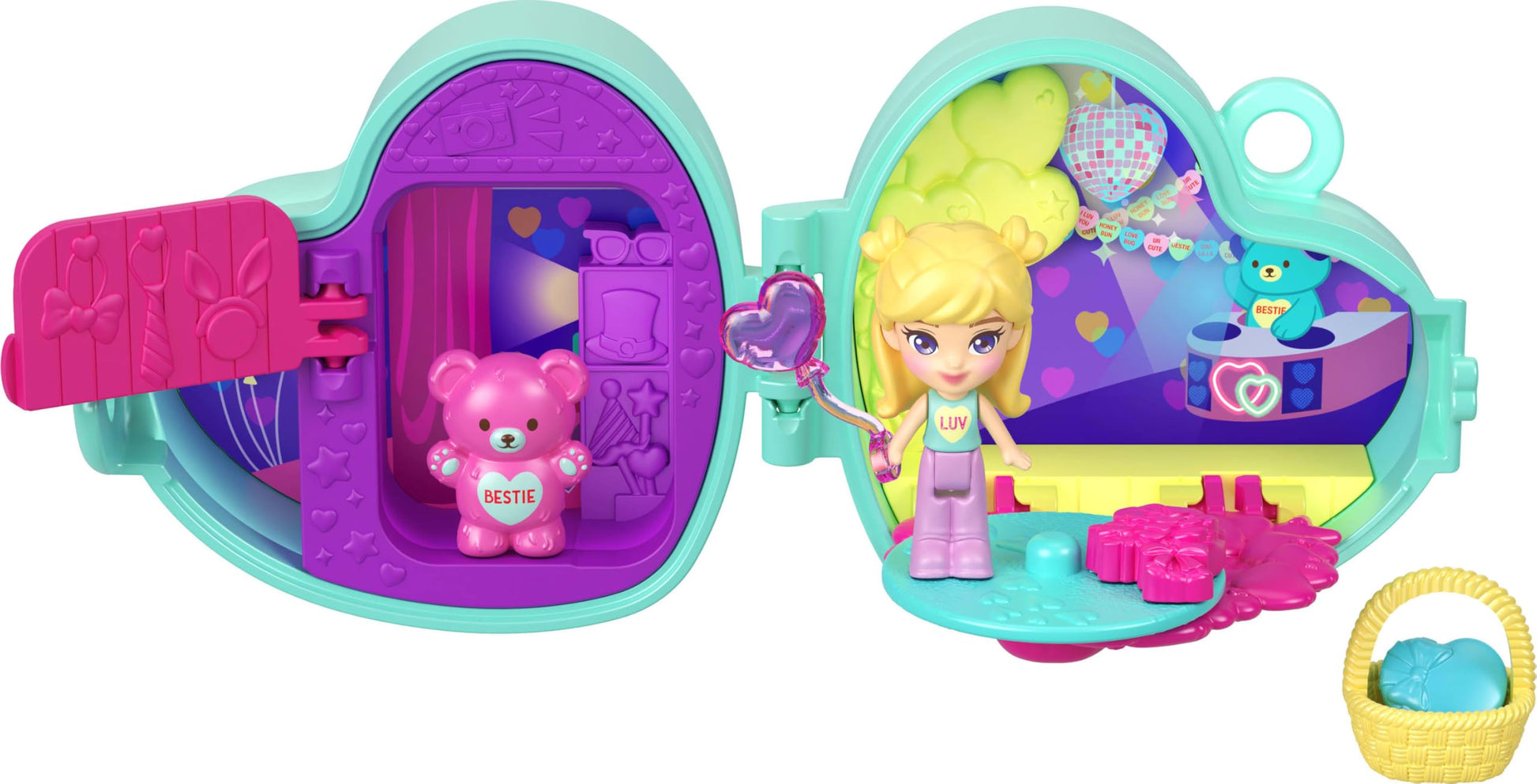 Polly Pocket x Sweethearts, Micro Doll & 2 Playsets with 7 Themed Accessories & Keychain Clip, Travel Toy, Partnership Compact