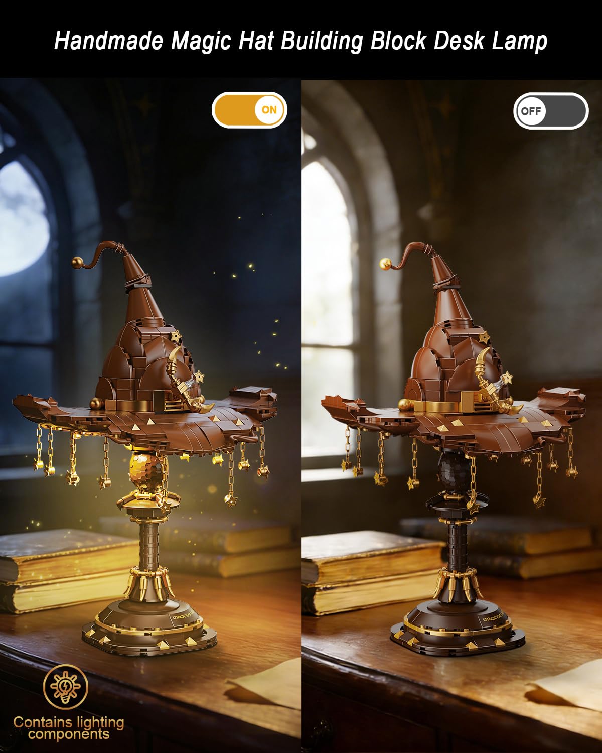 Fitaiengal Magic Hat Lamp Building Set Compatible with Lego- 698 PCS Brown & Gold Stars Night Light Kit - Gothic Desk Decor & Mystical Academy Gift