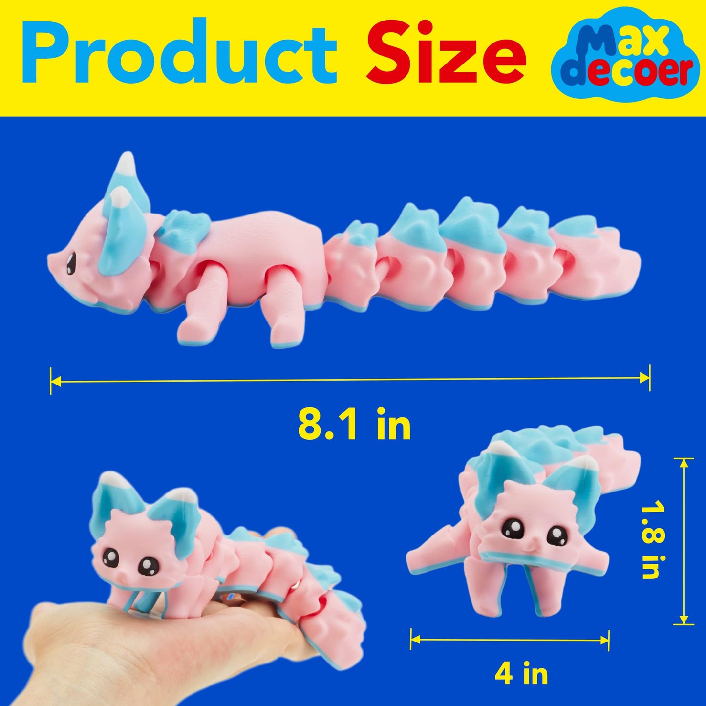 Maxdecoer 3D Printed Candy Fox, 8" Flexible Articulated Animal Figure, Desk Fidget Toy for Stress Relief, Cute Office Decor Gift
