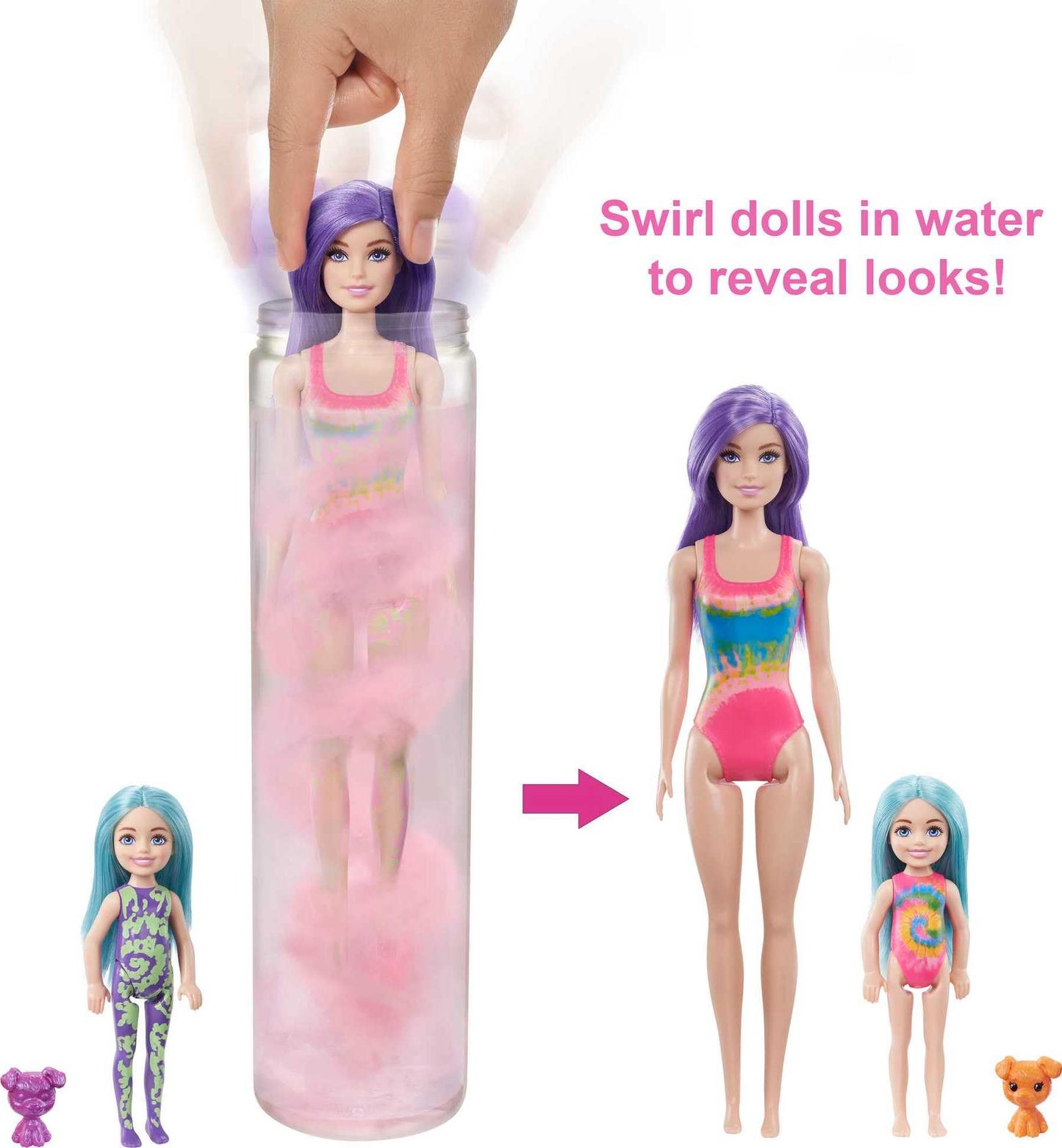 Barbie Color Reveal Toy Set, Tie-Dye Fashion Maker with Barbie & Chelsea Dolls & Accesssories, 50 Surprises Including Pets