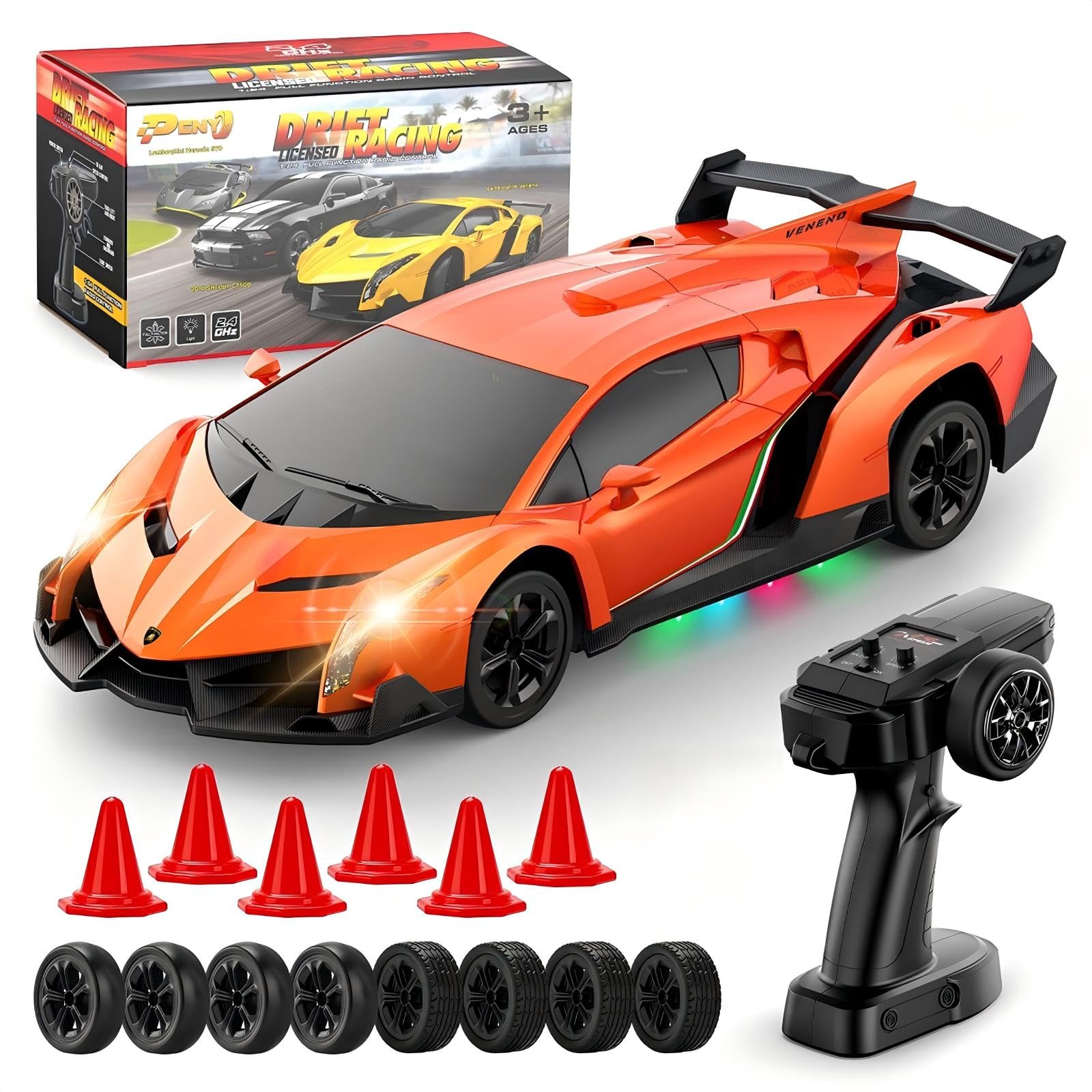 ENEPHE Lamborghini Remote Control Car Toy, Officially Licensed RC Drift Car 15Km/h with Underglow & Headlights, 1:24 Scale 2.4GHz, RC Gift Toy