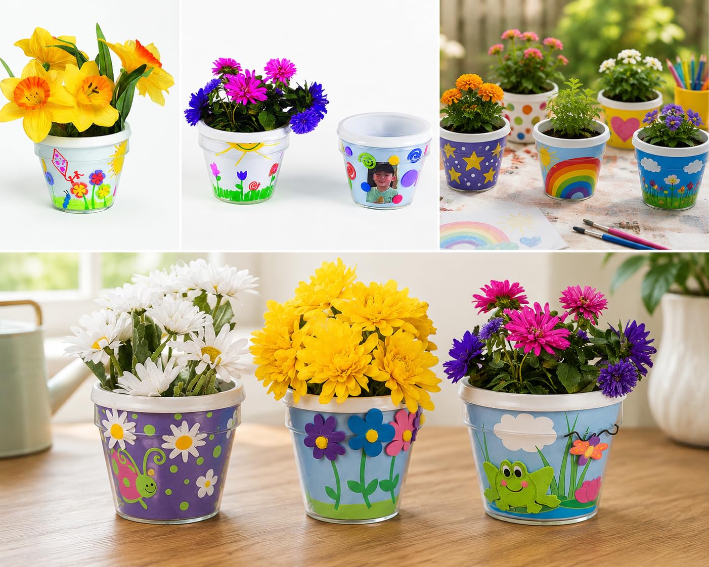 Fun Express DIY Flower Pots Bulk Craft Kit for Kids - 12 White Plastic Paint Plant Pots with Paper Inserts | Educational Toys for Painting Activities