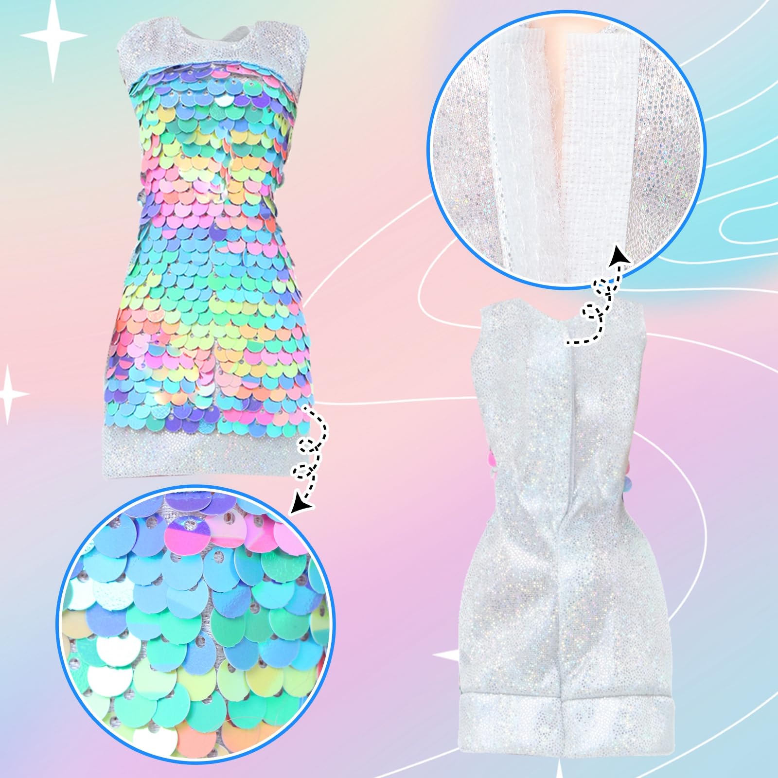 BLIJOLA Doll Clothes 5 Sets Sequins Dresses for 11.5 inch Girl Doll Including 2 Mermaid Clothes Swimwear 1 Evening Dress 2 Casual Dresses Party